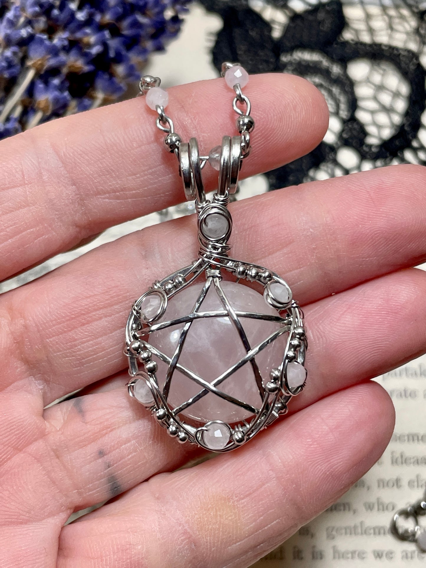 Rose Quartz Pentacle Pendant in Stainless Steel