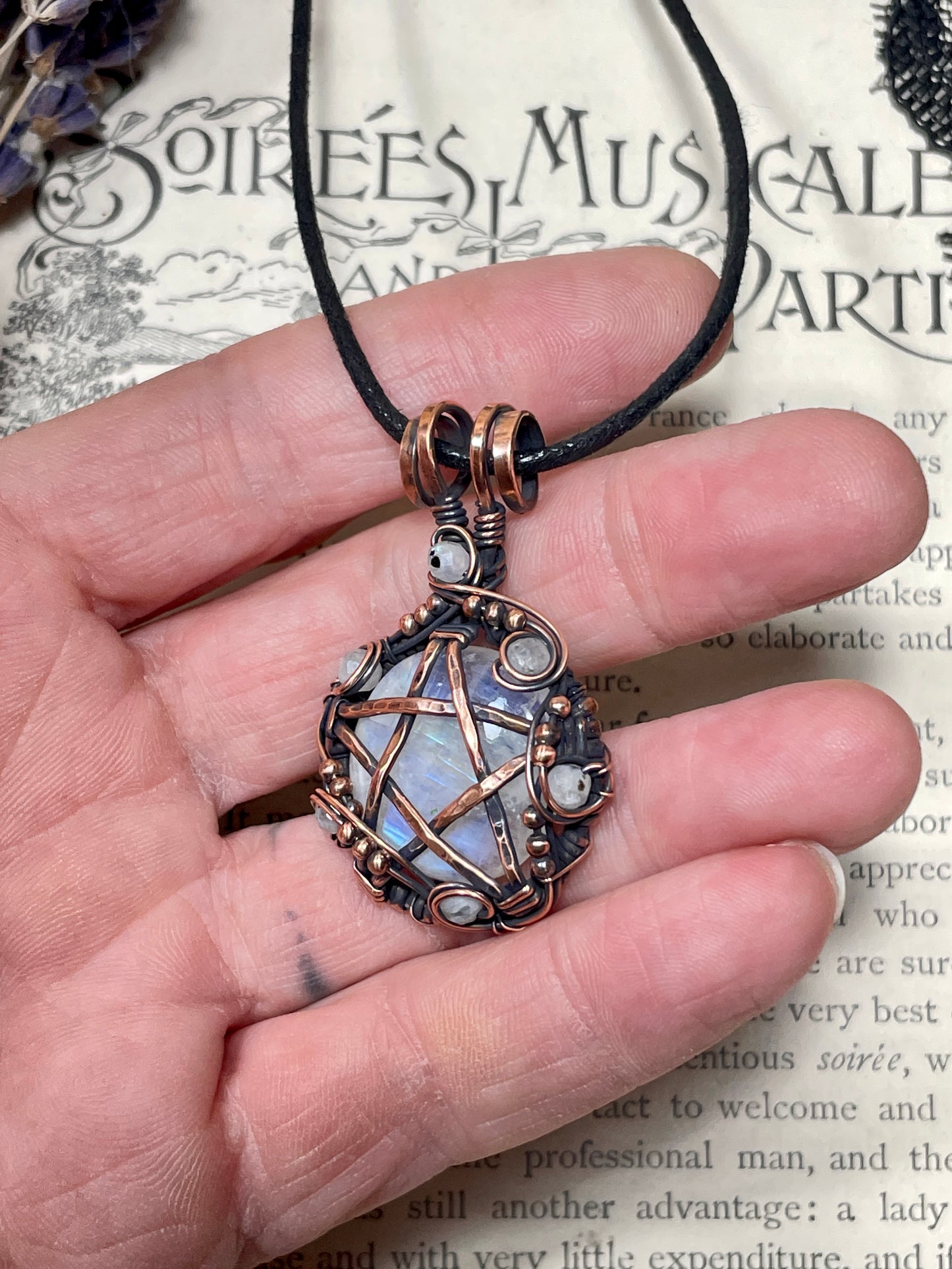 Moonstone (Rainbow Moonstone) Pentacle Pendant in Copper