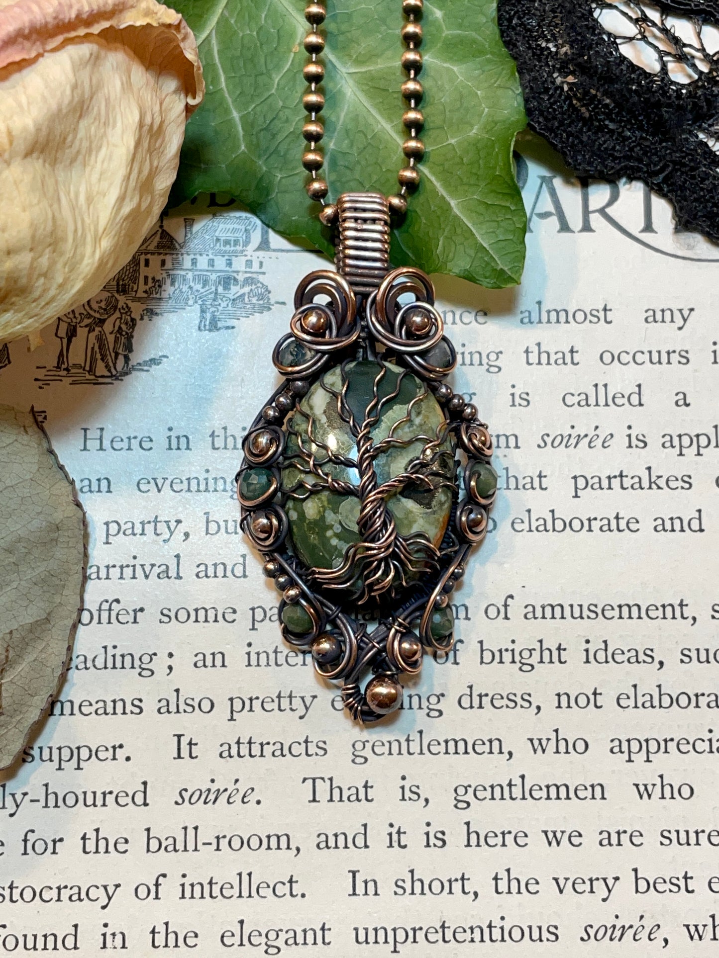 Jasper (Rainforest Jasper) Tree of Life Amulet in Copper