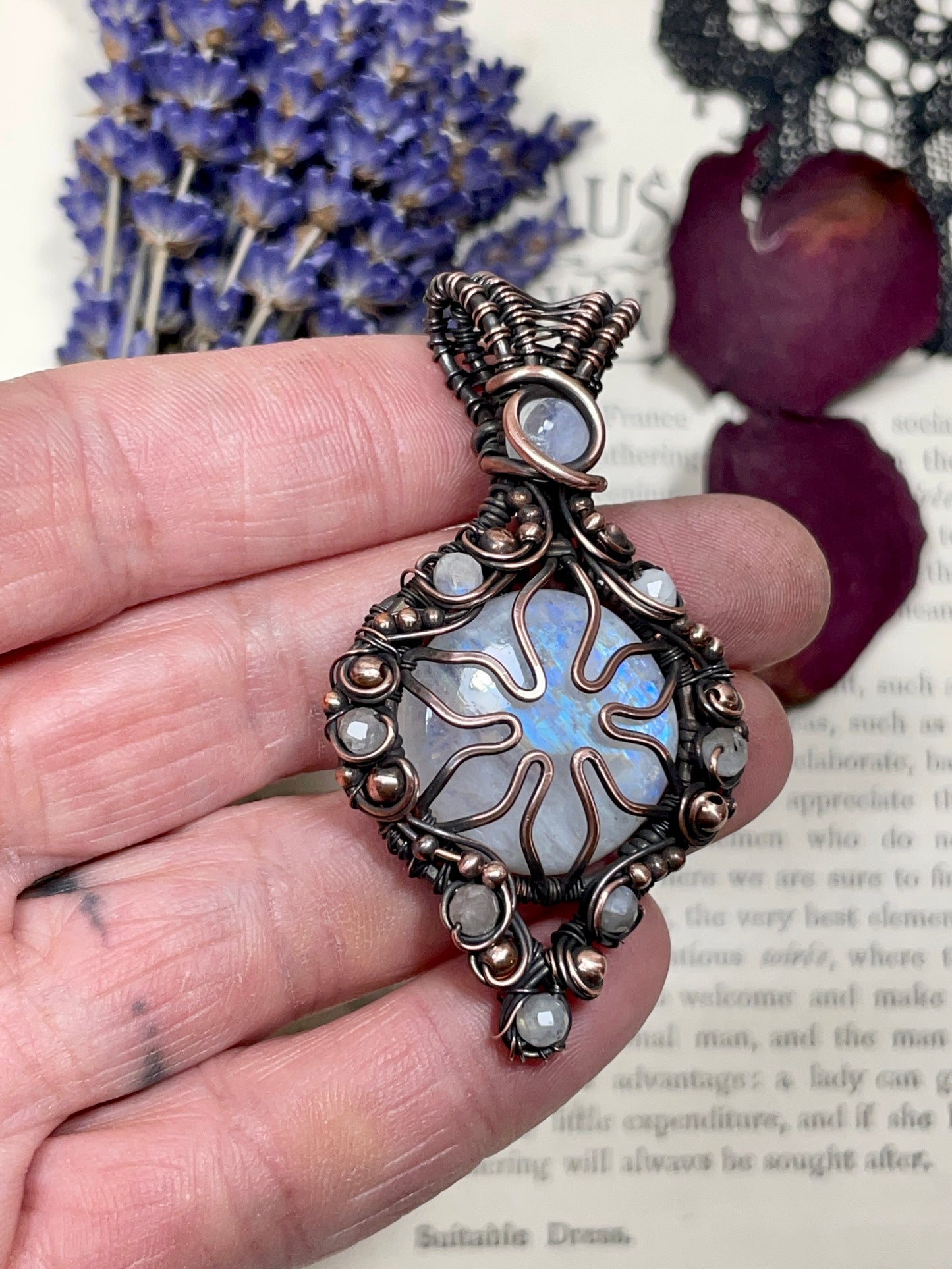 Rainbow Moonstone Flower Pendant in Copper