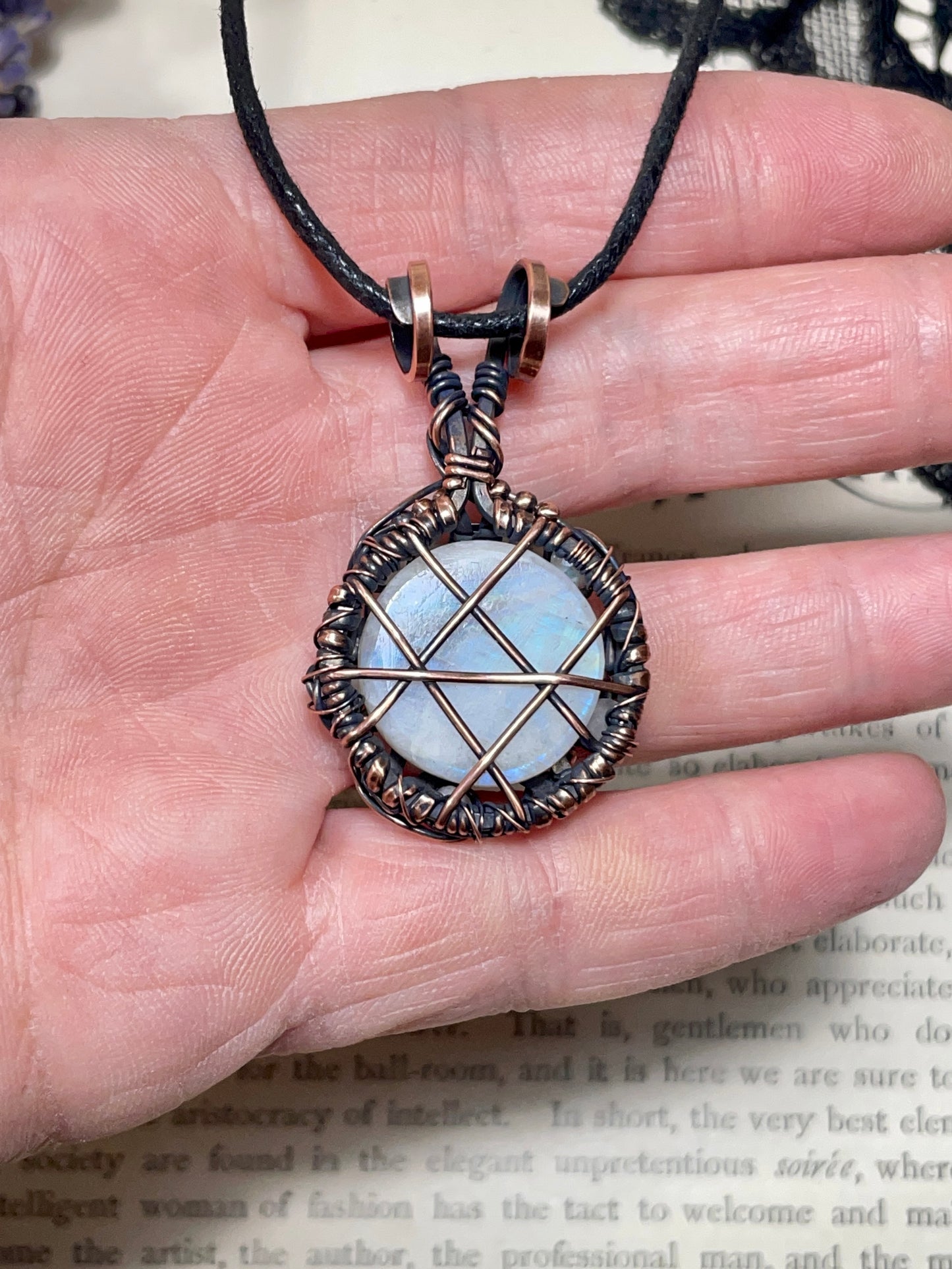 Moonstone (Rainbow Moonstone) Pentacle Pendant in Copper