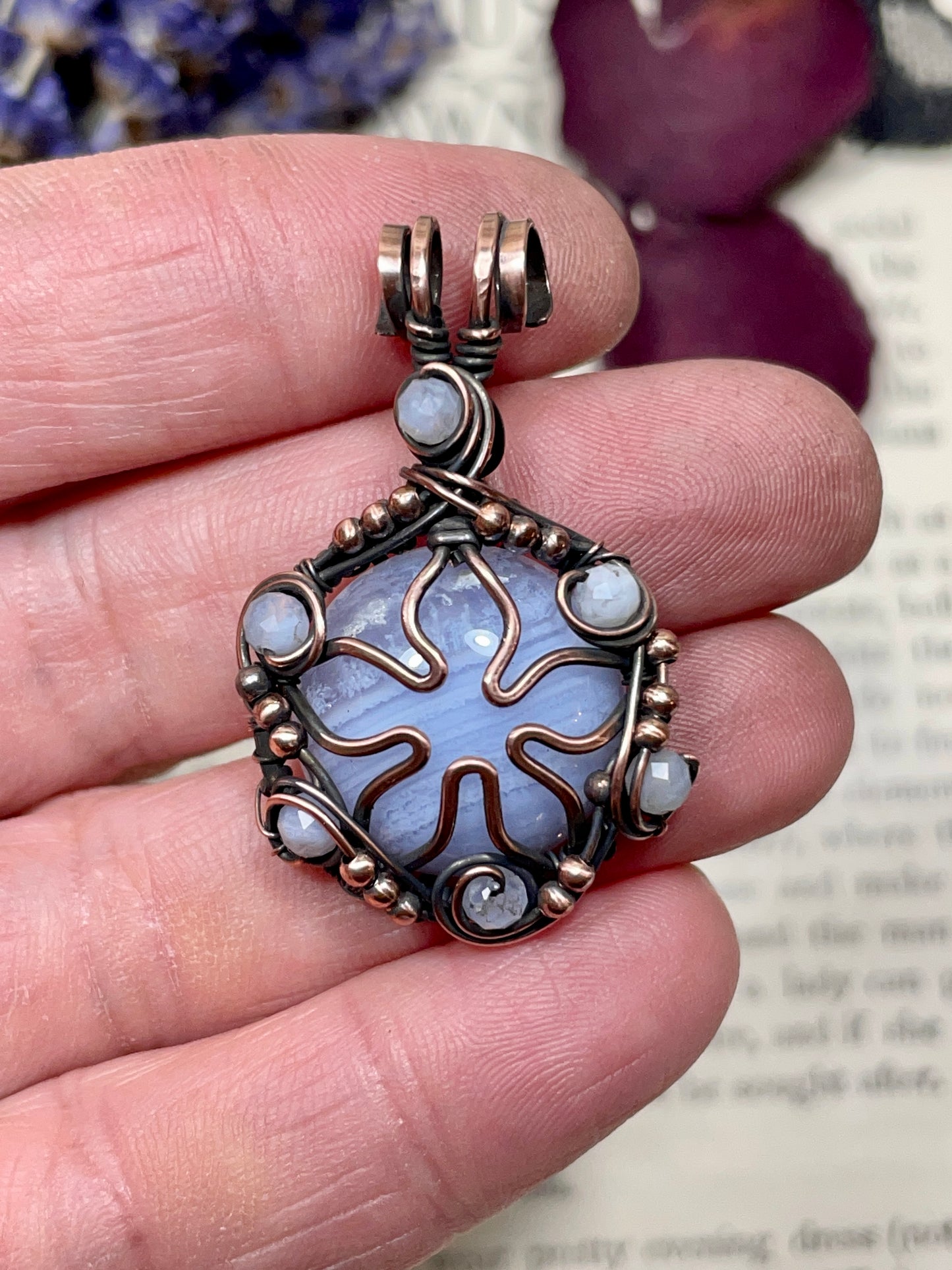Blue Lace Agate Flower Pendant in Copper