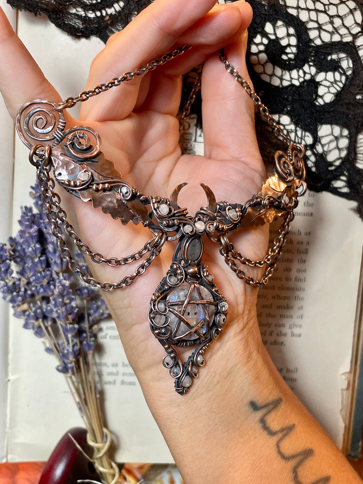 Moonstone (Rainbow Moonstone) Pentacle Collar in Copper