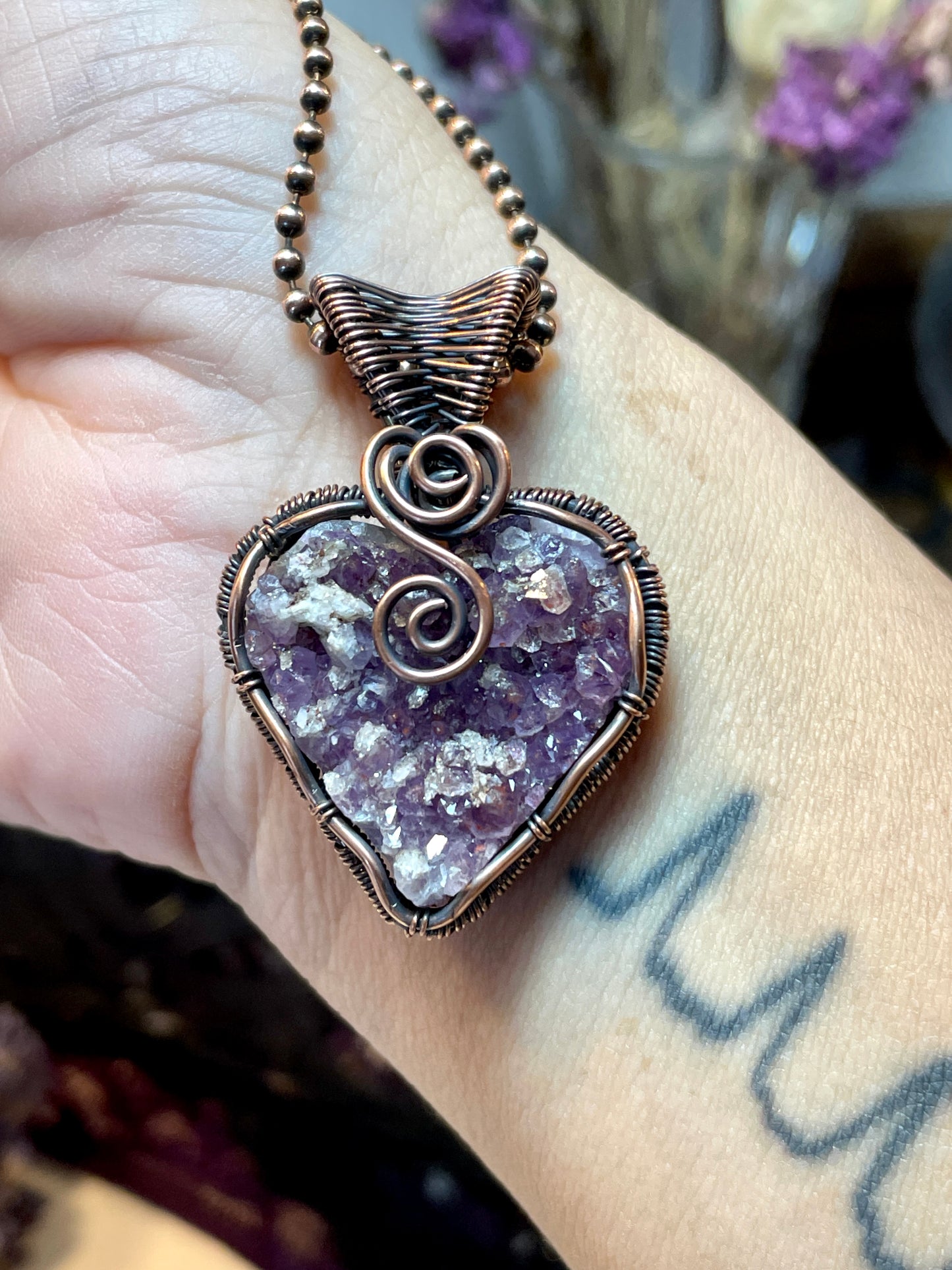 Amethyst Heart (Thunder Bay, Ontario Amethyst Cluster) in Copper