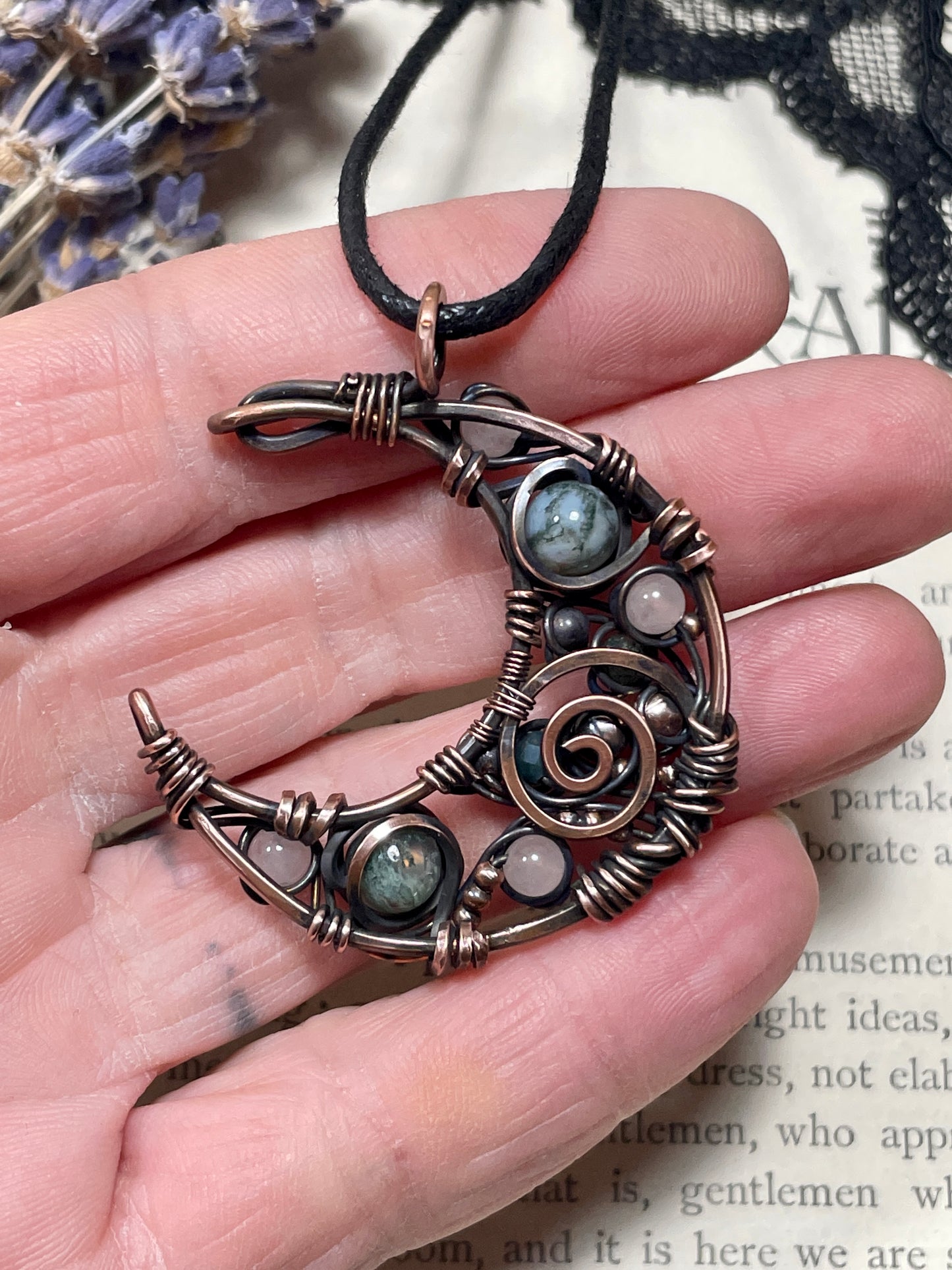 Moss Agate & Rose Quartz Crescent Moon Pendant in Copper