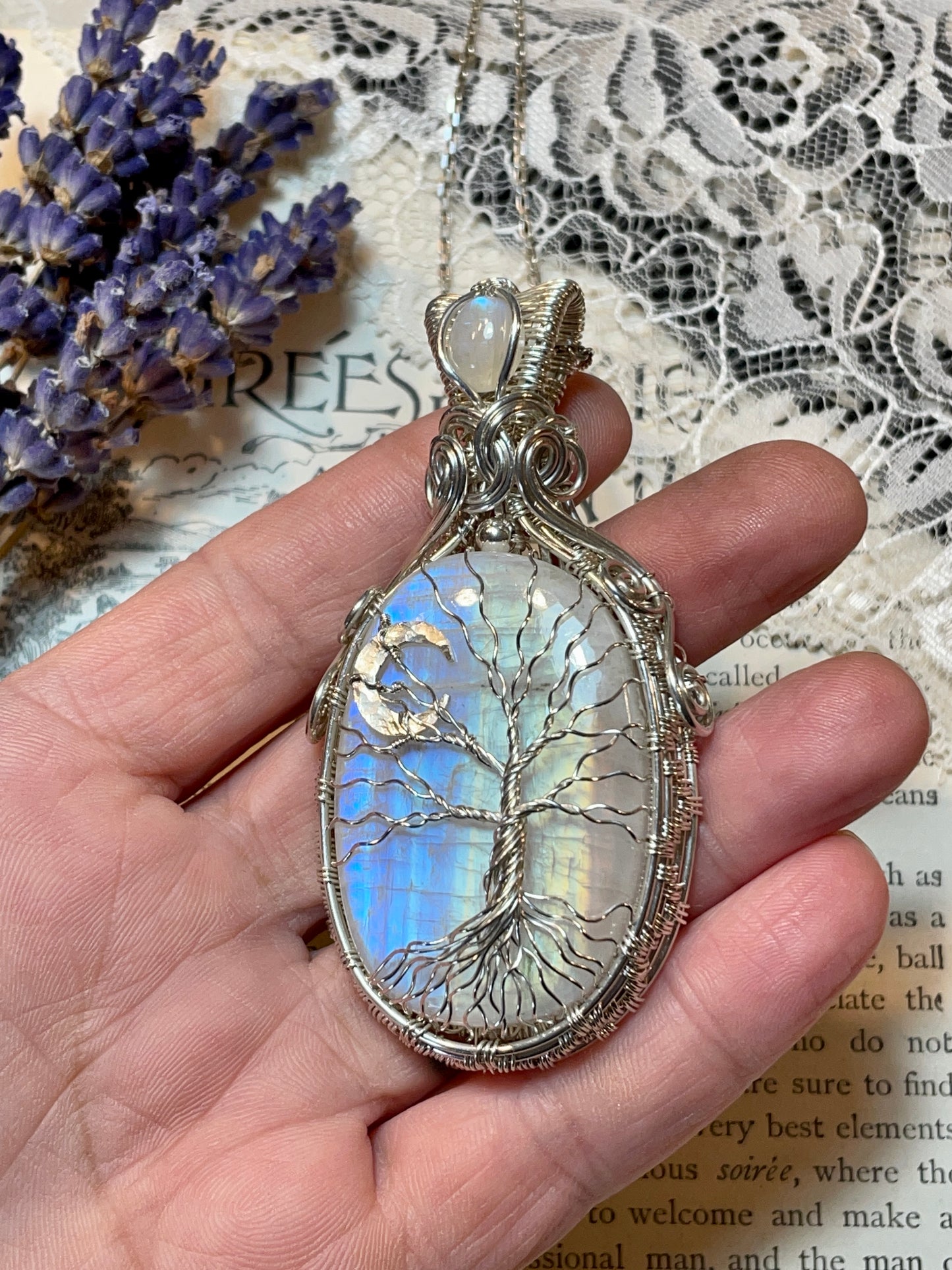 Moonstone (Rainbow Moonstone) Tree of Life Amulet in Sterling Silver