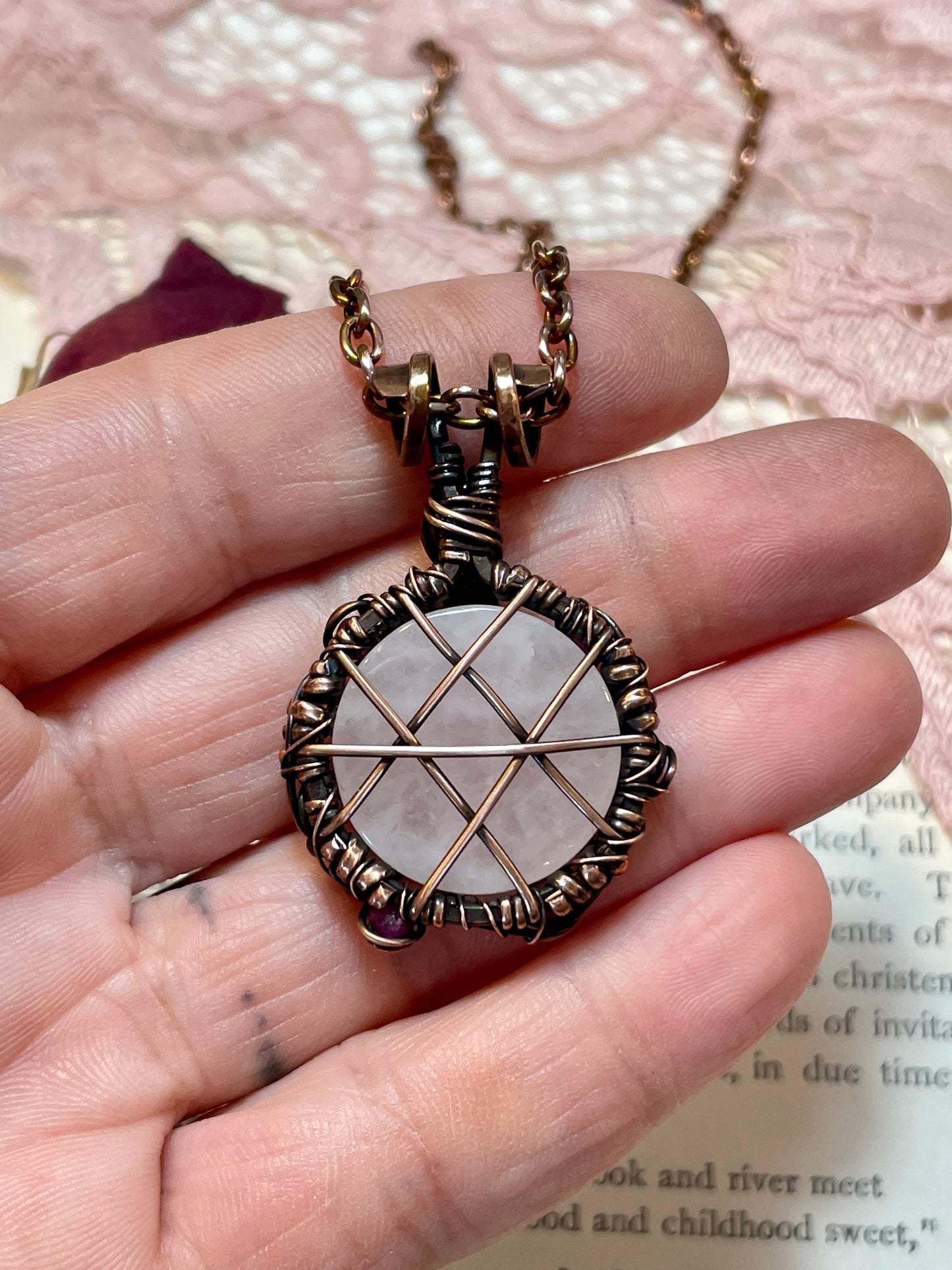 Rose Quartz and Ruby Pentacle Pendant in Copper #1