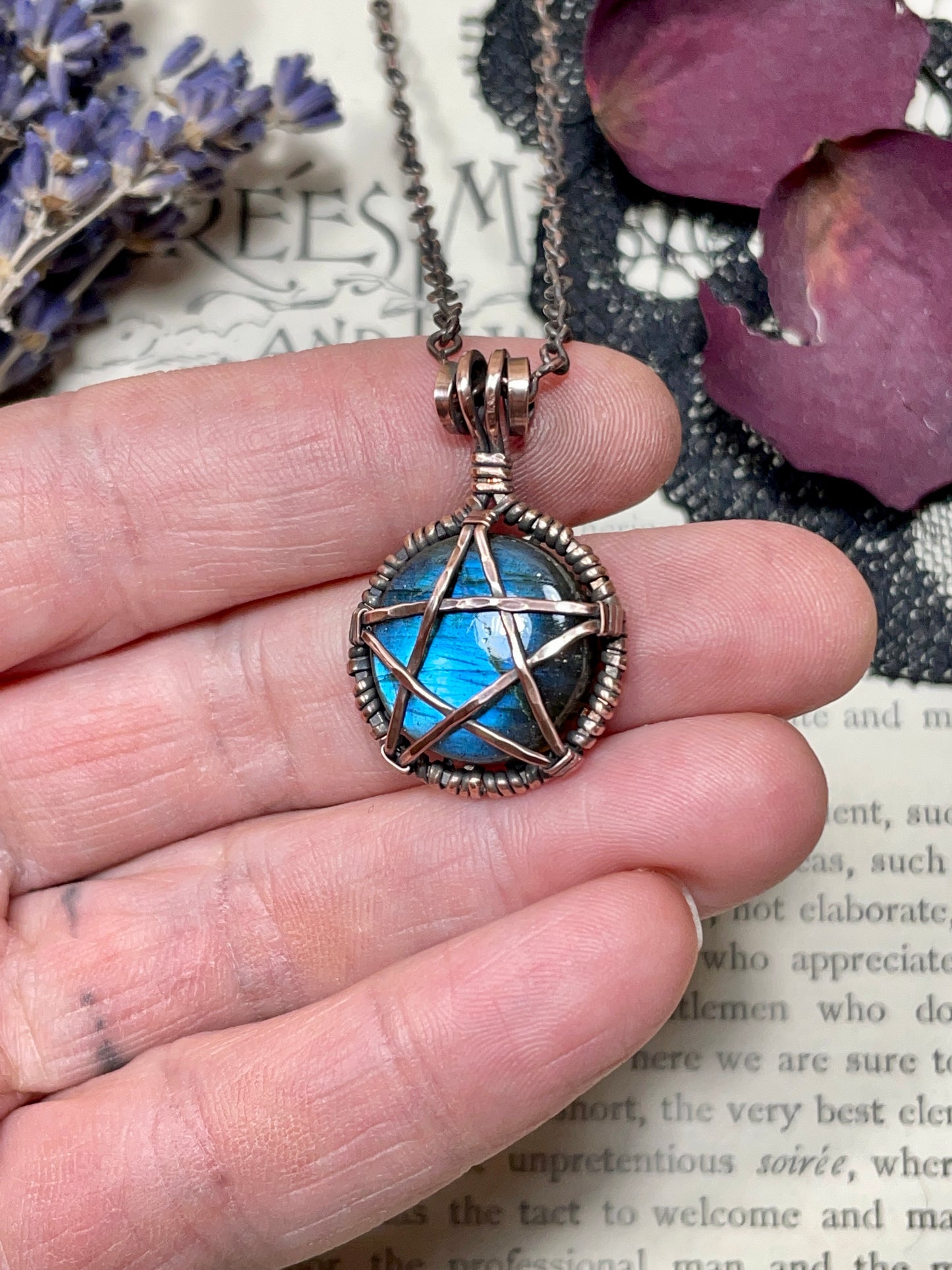 Labradorite Pentacle Pendant in Antiqued Copper