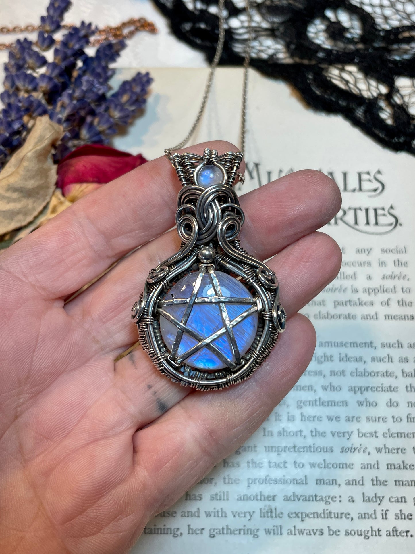 Moonstone (Rainbow Moonstone) Pentacle Pendant in Sterling Silver