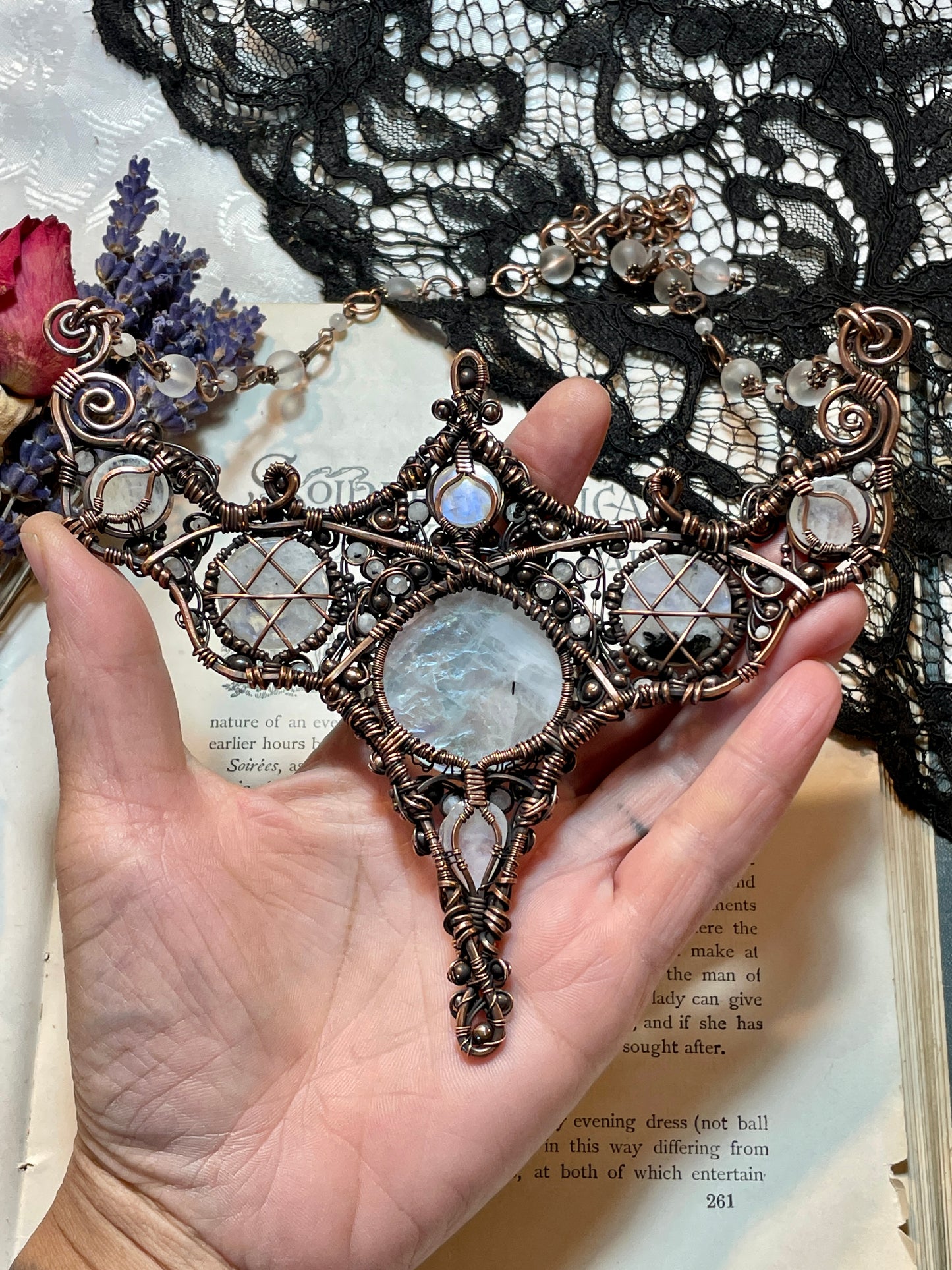 Moonstone (Rainbow Moonstone) Tree of Life Pentacle Collar in Copper (Matching Earrings included)