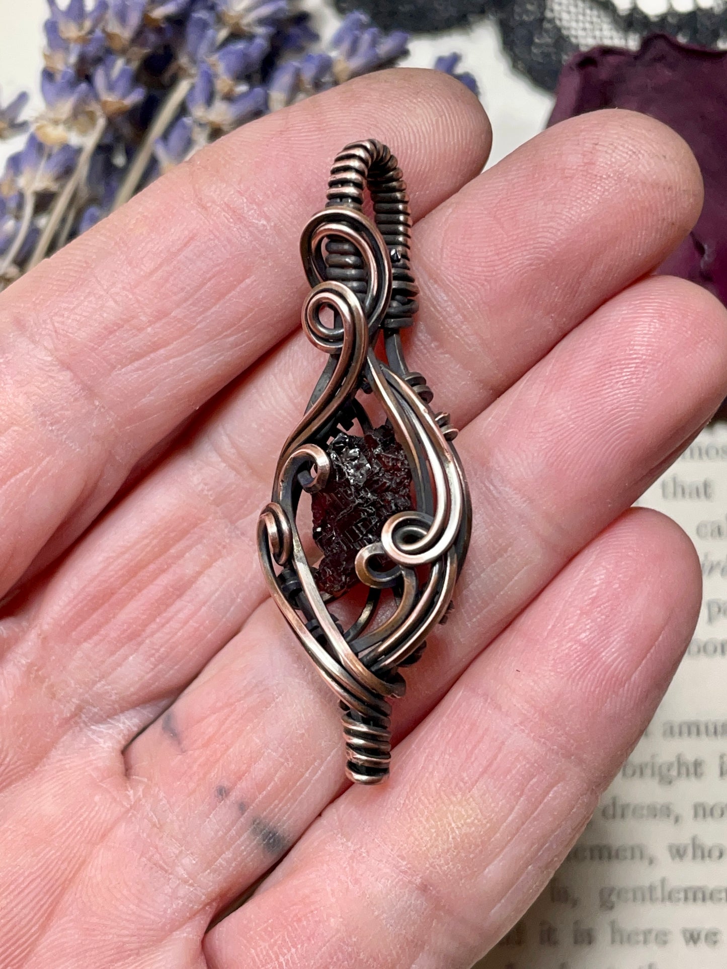 Garnet (Natural Raw Etched Spessartine Garnet) Pendant in Copper