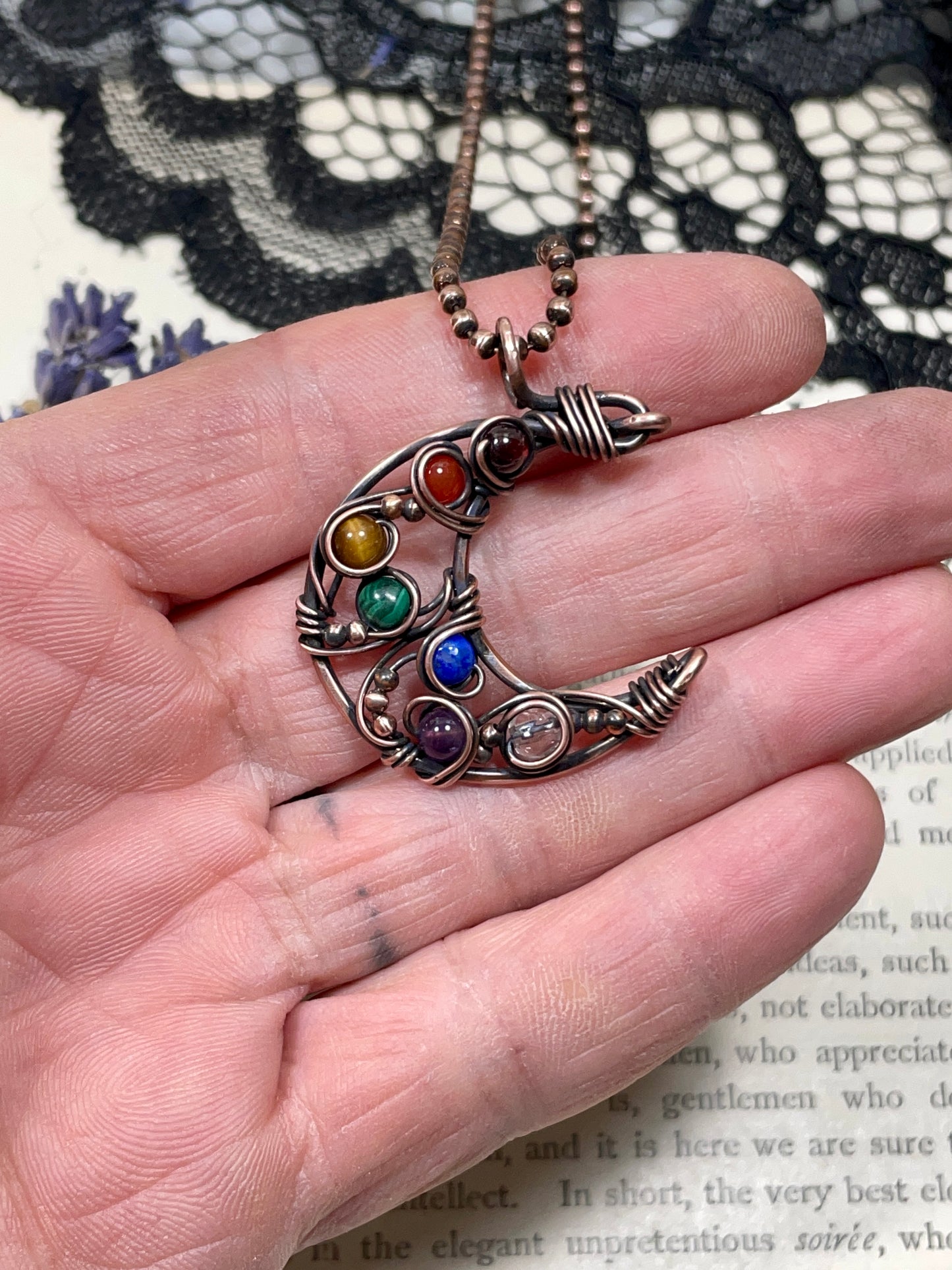 Chakra Rainbow Crescent Moon Pendant in Copper
