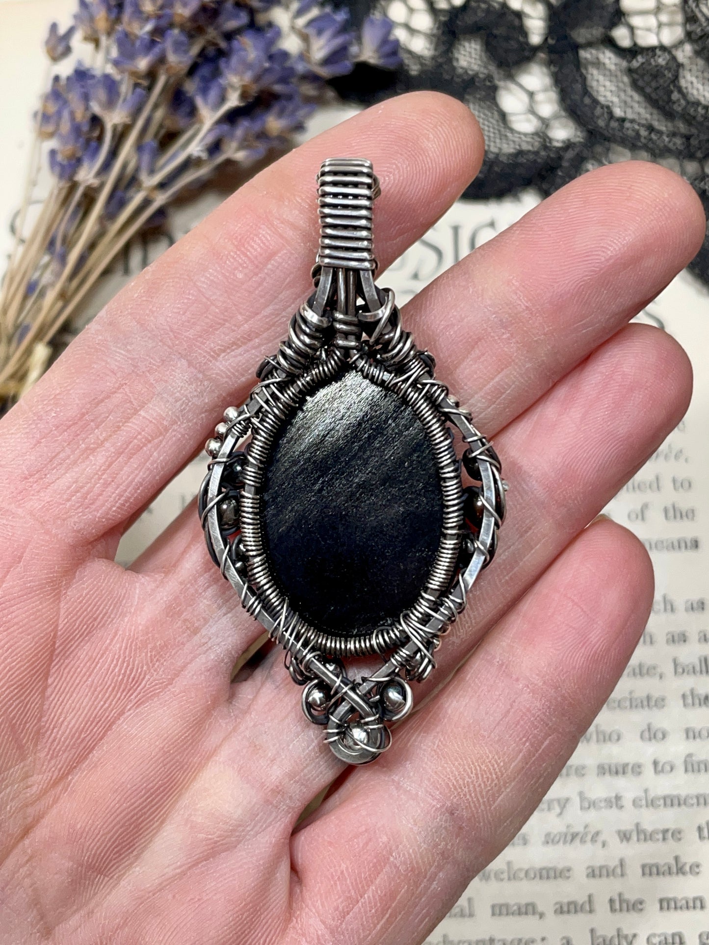 Obsidian (Silver Sheen Obsidian) Tree of Life Pendant in Sterling Silver