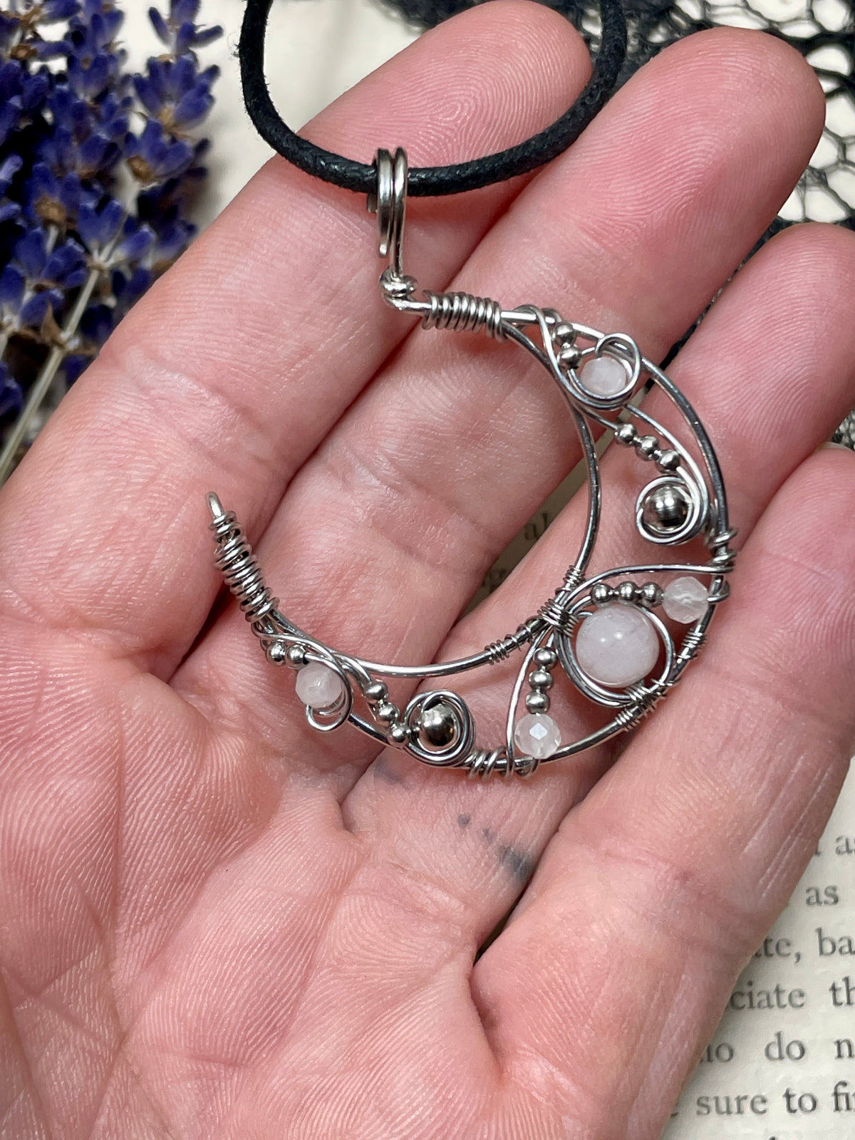 Rose Quartz Crescent Moon Pendant in Stainless Steel