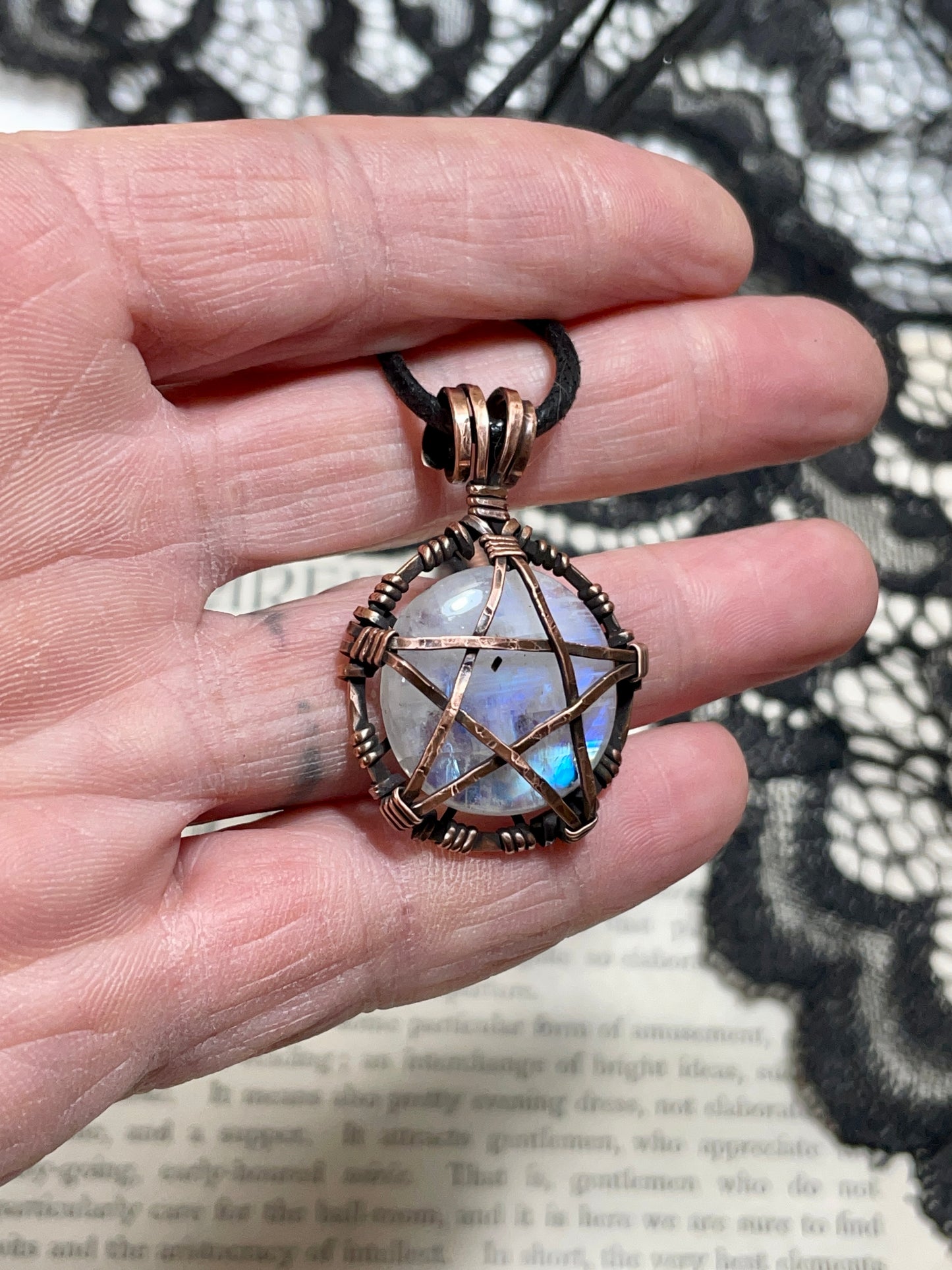 Moonstone (Rainbow Moonstone) Pentacle Pendant in Antiqued Copper