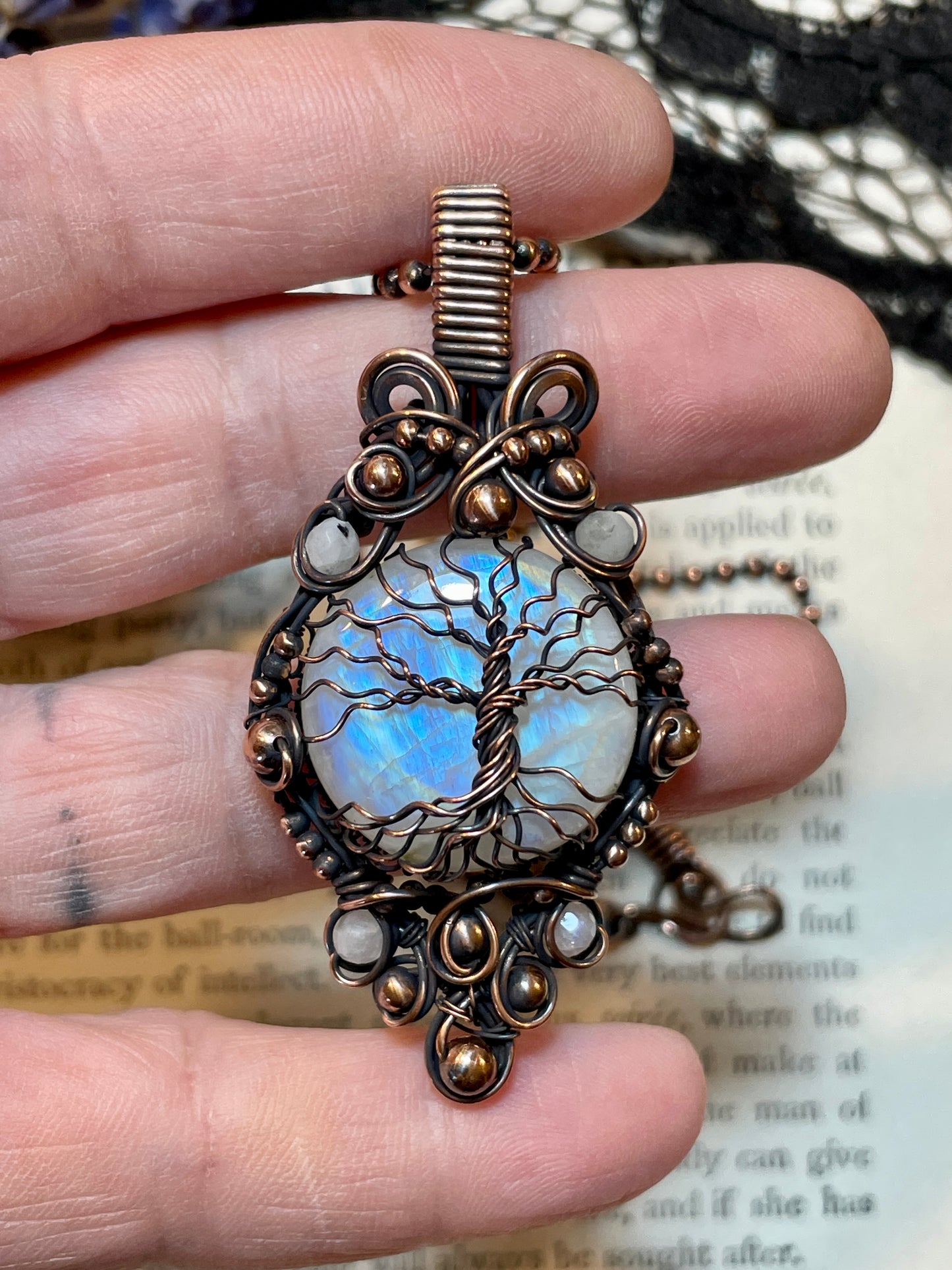 Rainbow Moonstone Tree of Life Amulet in Copper