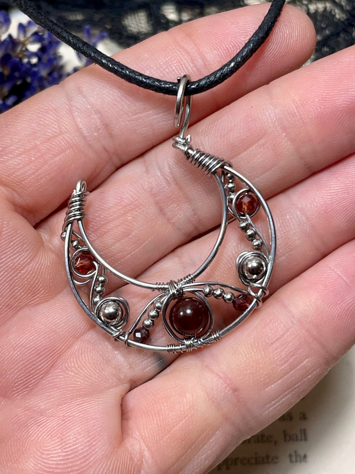 Garnet Crescent Moon Pendant in Stainless Steel