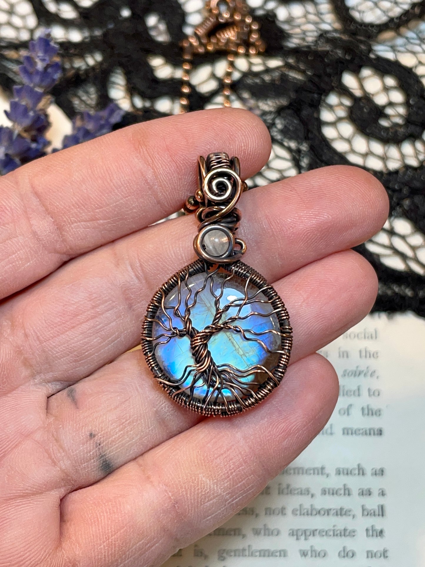 Rainbow Moonstone mini Tree of Life Amulet in Copper