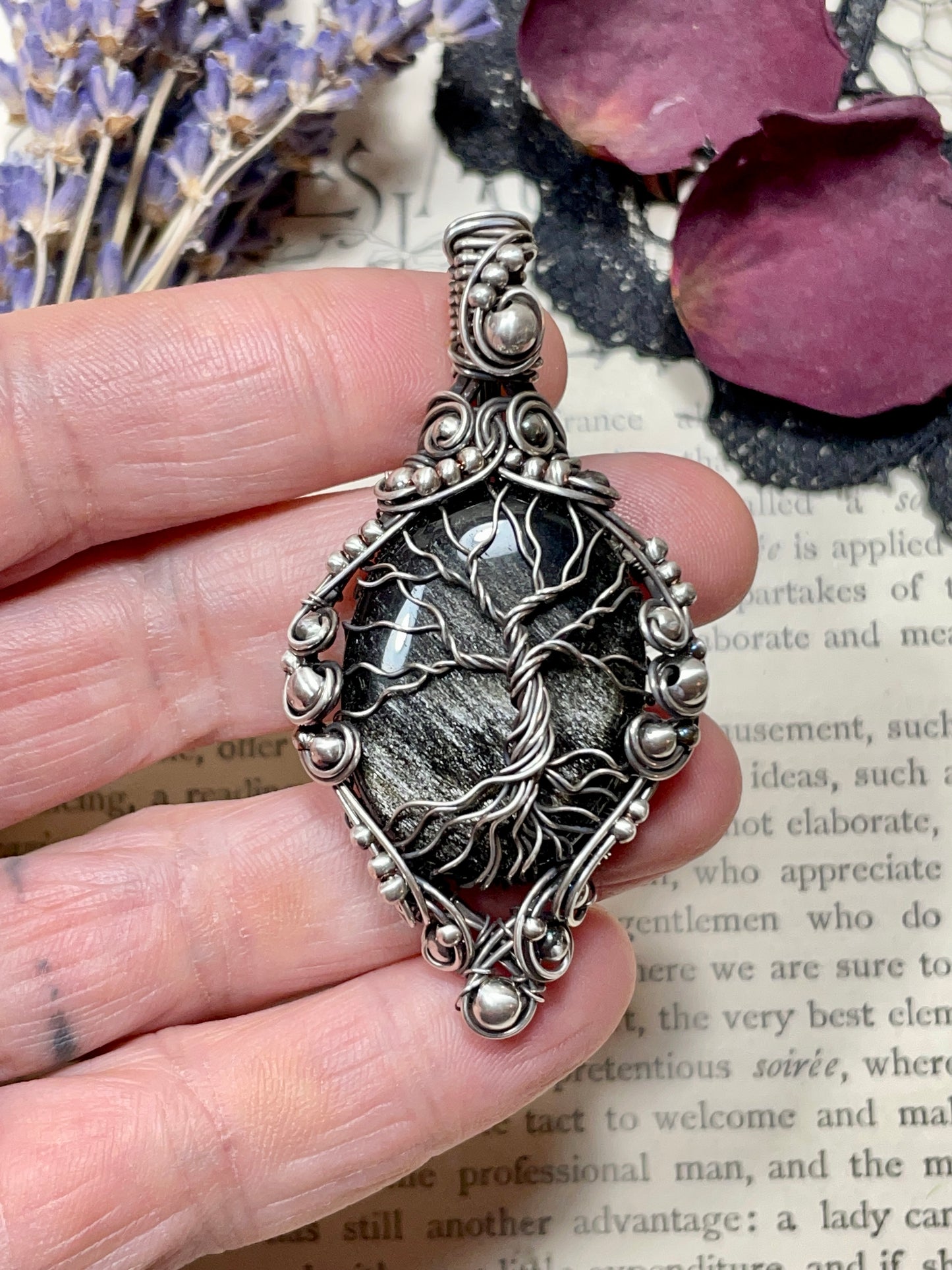 Obsidian (Silver Sheen Obsidian) Tree of Life Pendant in Sterling Silver