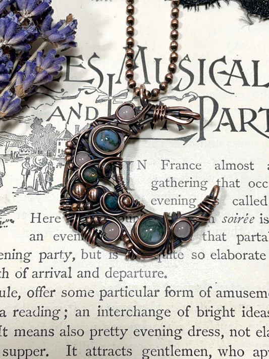Moss Agate & Rose Quartz Crescent Moon Pendant in Copper