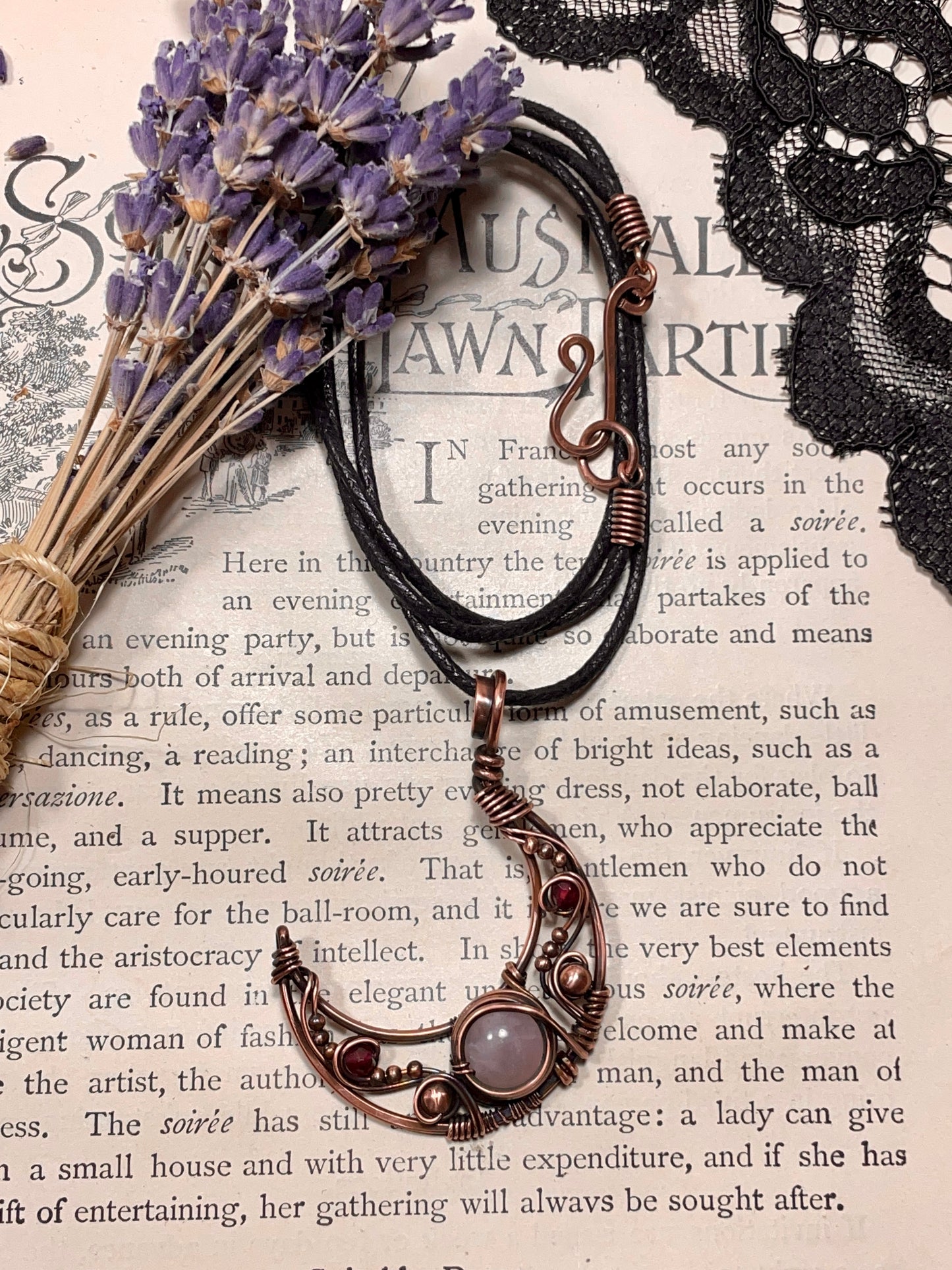 Rose Quartz & Garnet Crescent Moon Pendant in Copper