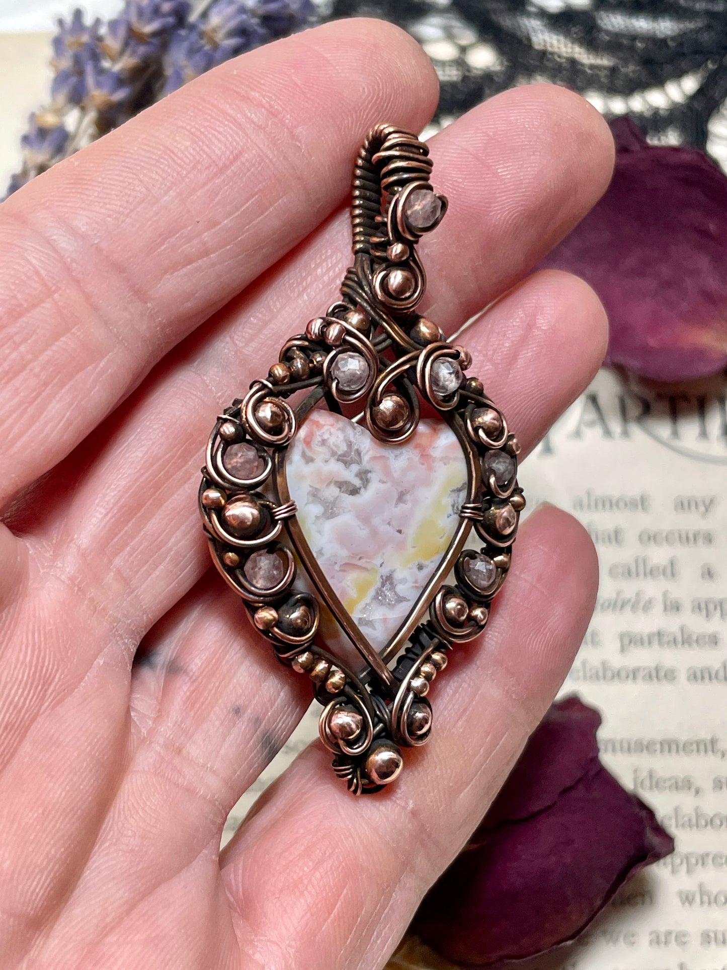 Agate (Pink Agate) Heart Pendant in Copper