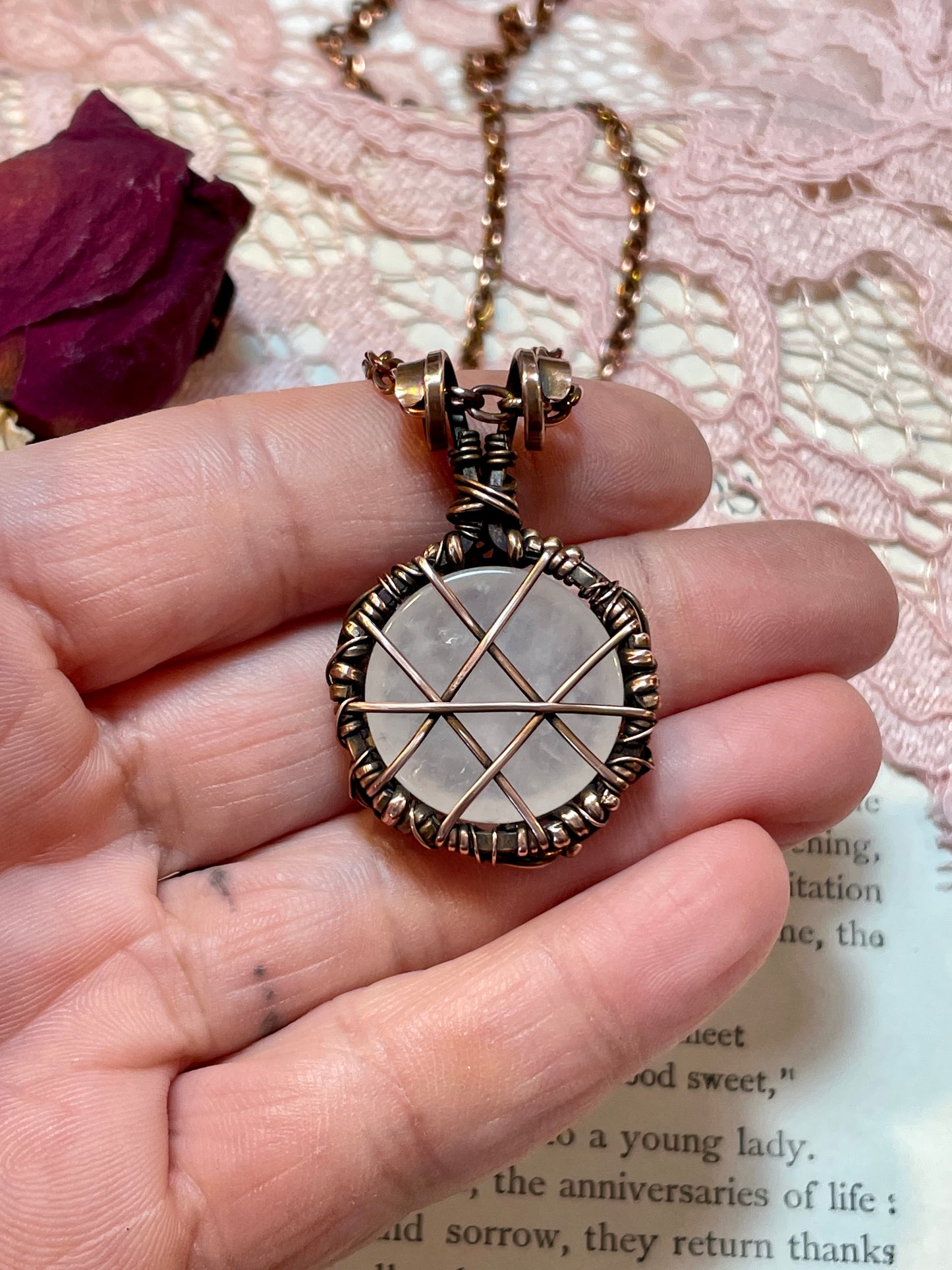 Rose Quartz and Garnet Pentacle Pendant in Copper