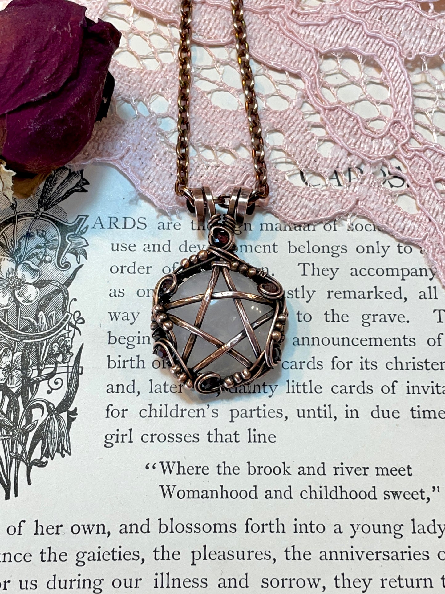 Rose Quartz and Garnet Pentacle Pendant in Copper