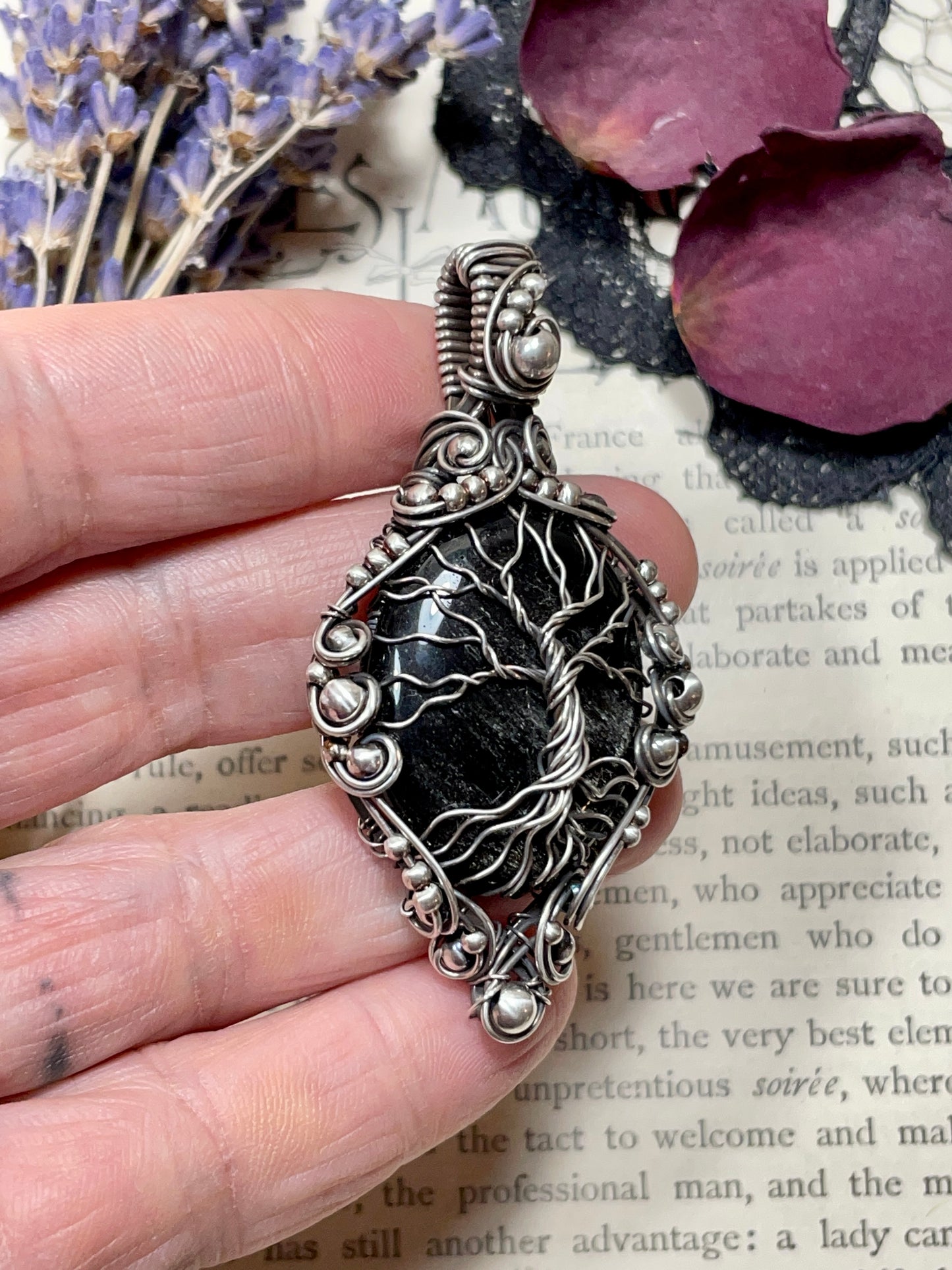 Obsidian (Silver Sheen Obsidian) Tree of Life Pendant in Sterling Silver