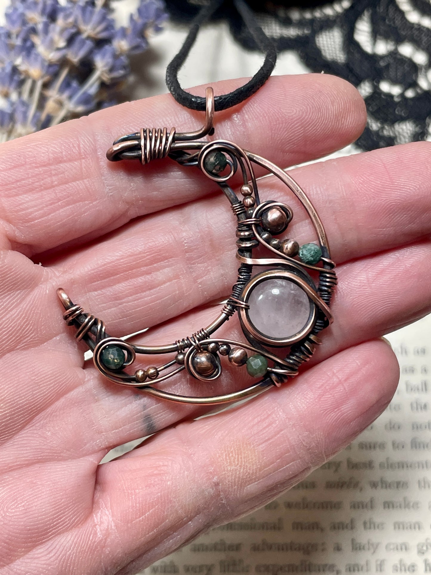 Rose Quartz & Moss Agate Crescent Moon Pendant in Copper