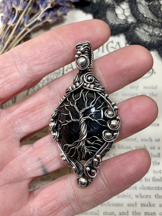 Obsidian (Silver Sheen Obsidian) Tree of Life Pendant in Sterling Silver