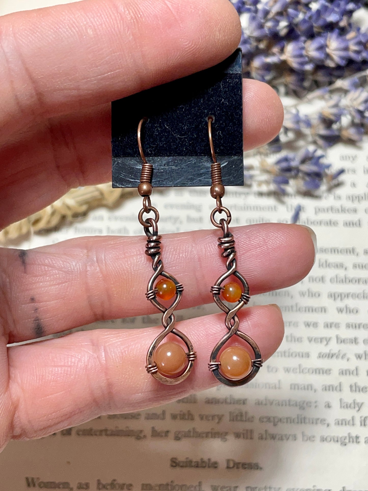 Carnelian Earrings in hammered copper