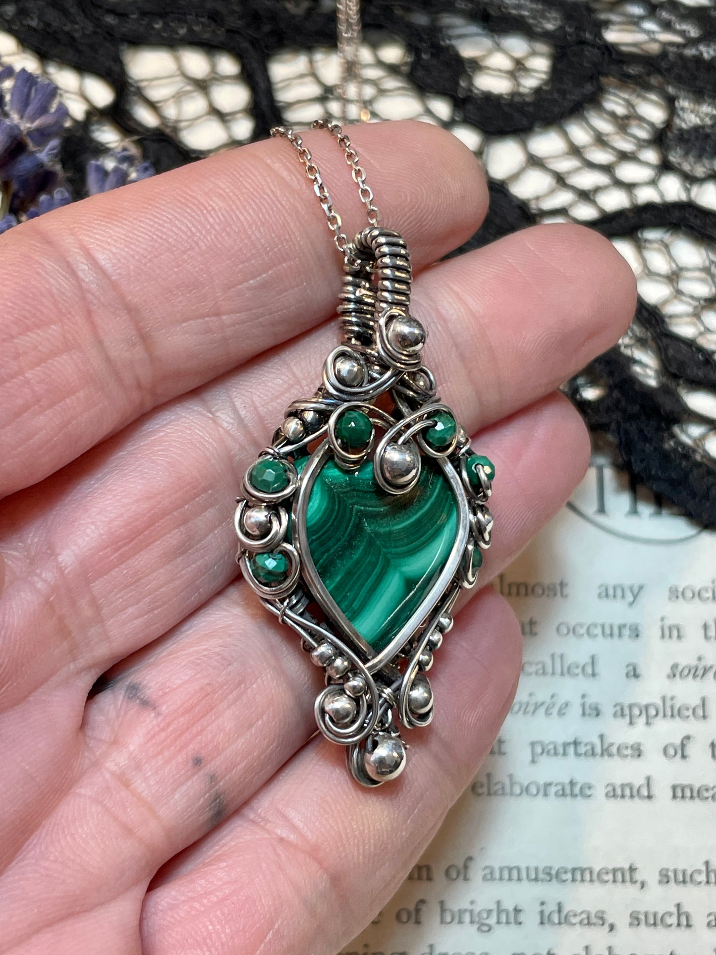 Malachite Heart Pendant in Sterling Silver