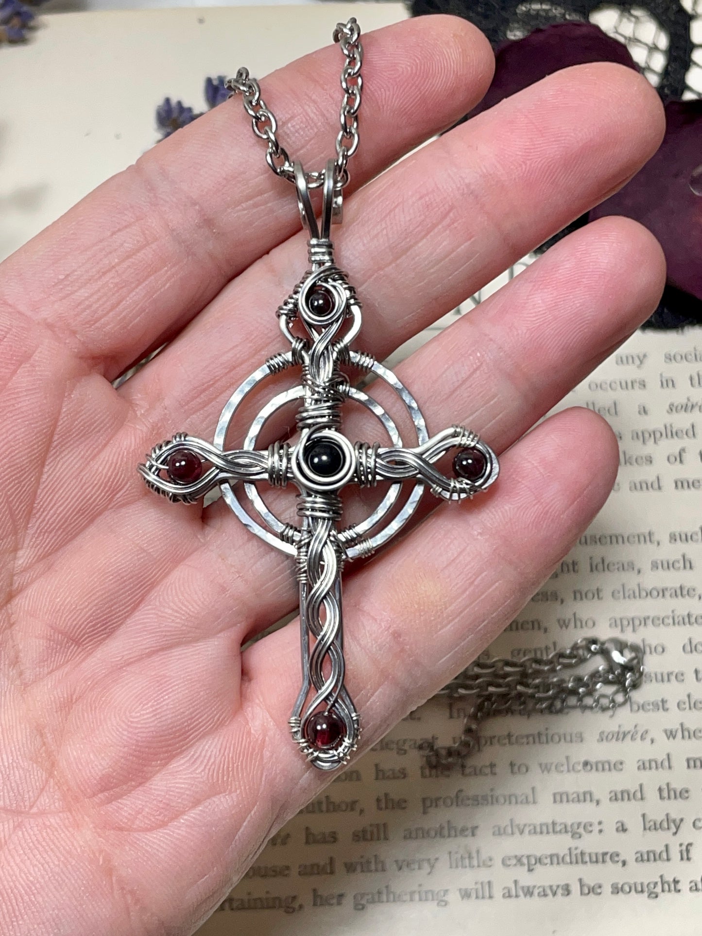 Onyx and Garnet Celtic Cross Pendant in Stainless Steel
