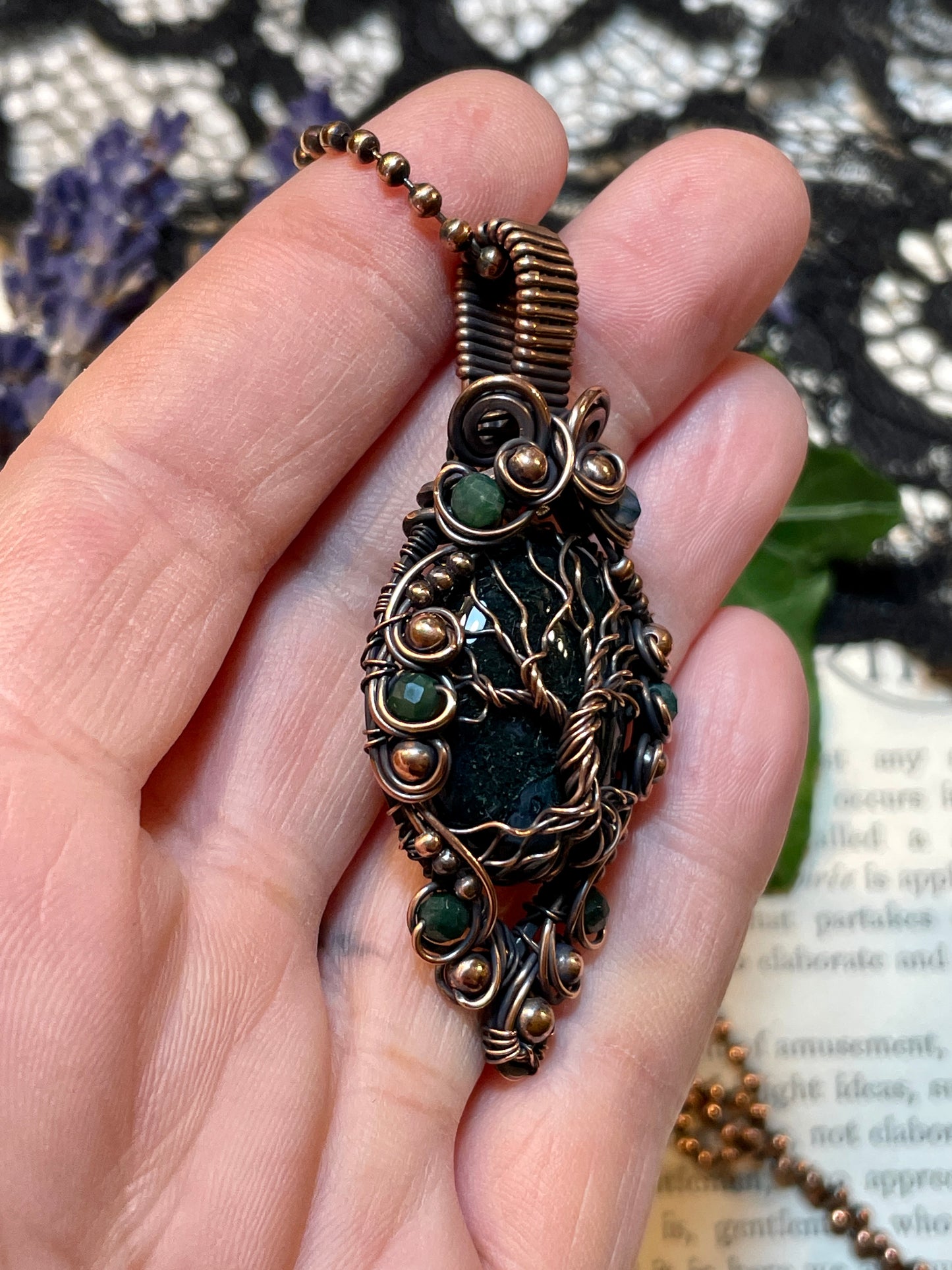 Moss Agate Tree Tree of Life Amulet in Copper