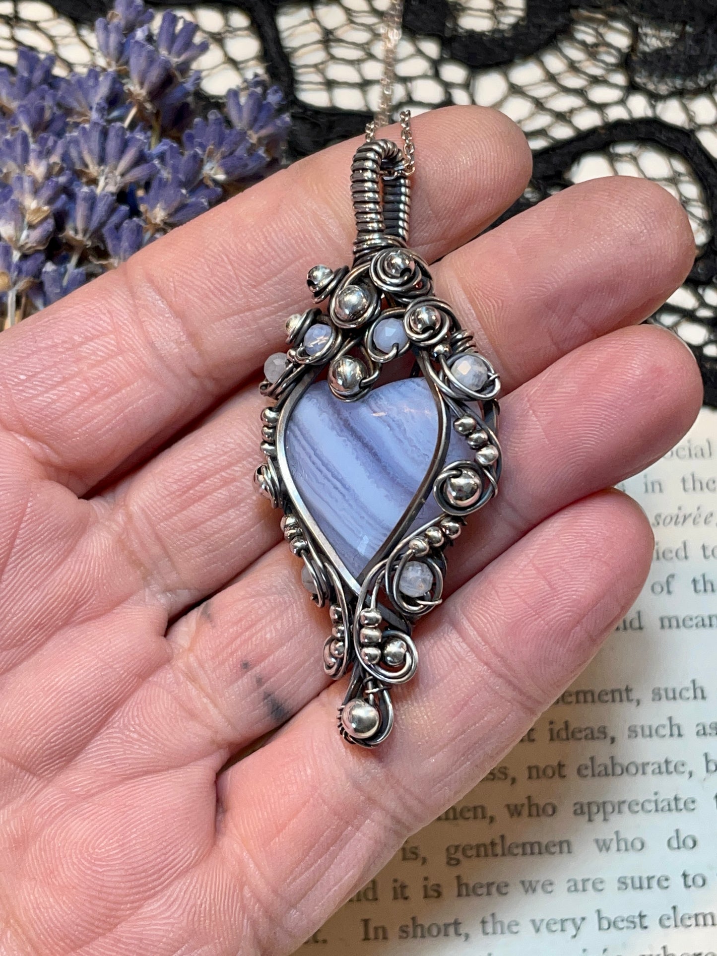 Blue Lace Agate Heart Pendant in Sterling Silver