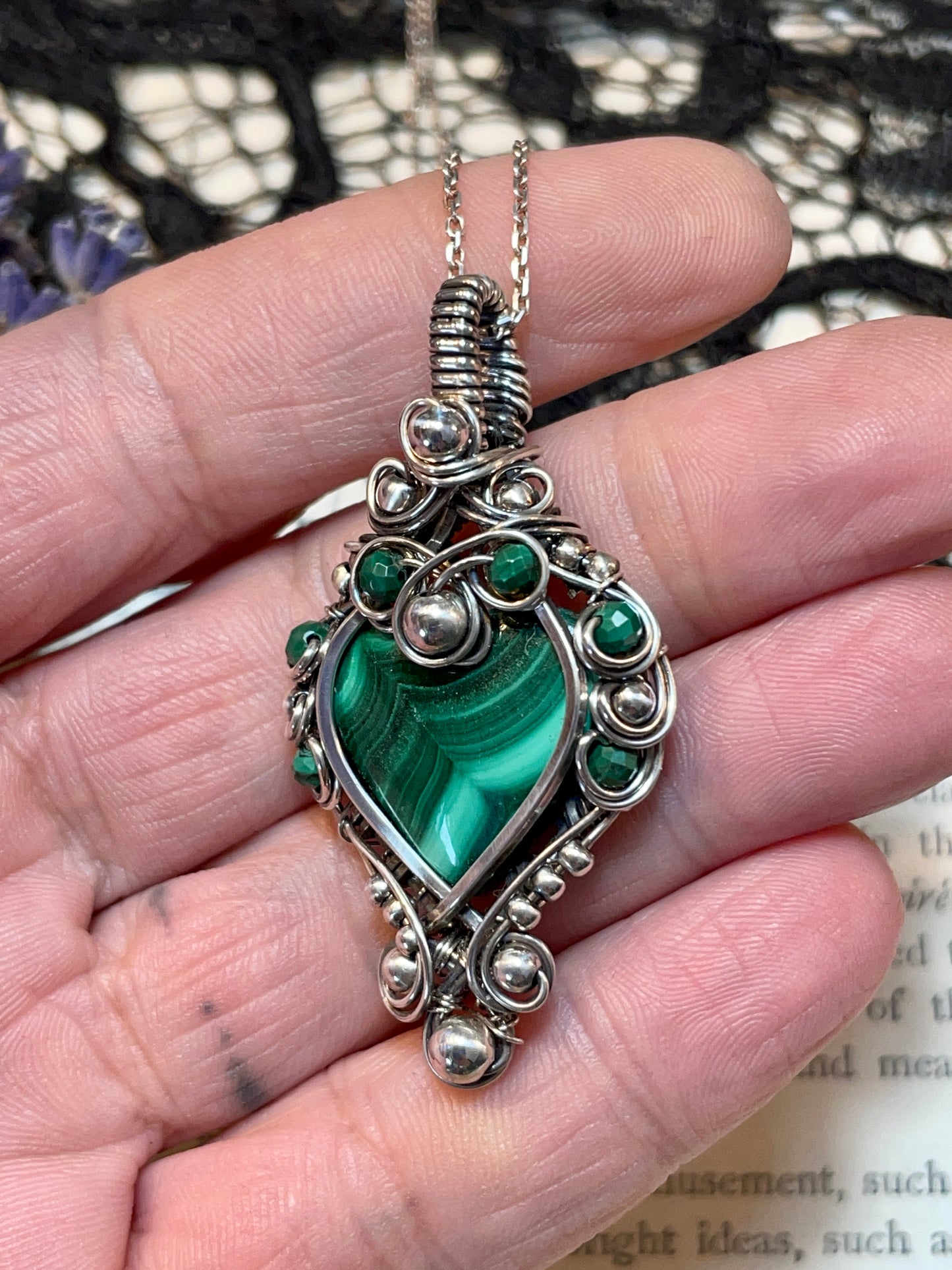 Malachite Heart Pendant in Sterling Silver