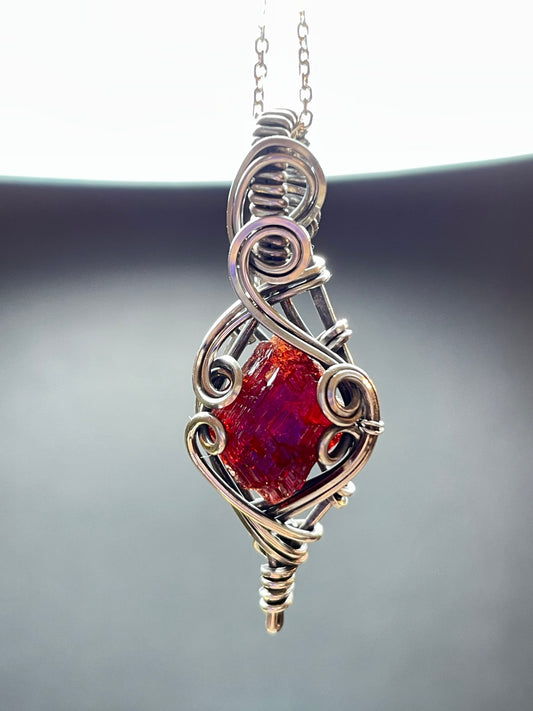 Natural Raw Etched Spessartine Garnet Pendant in Sterling Silver #1