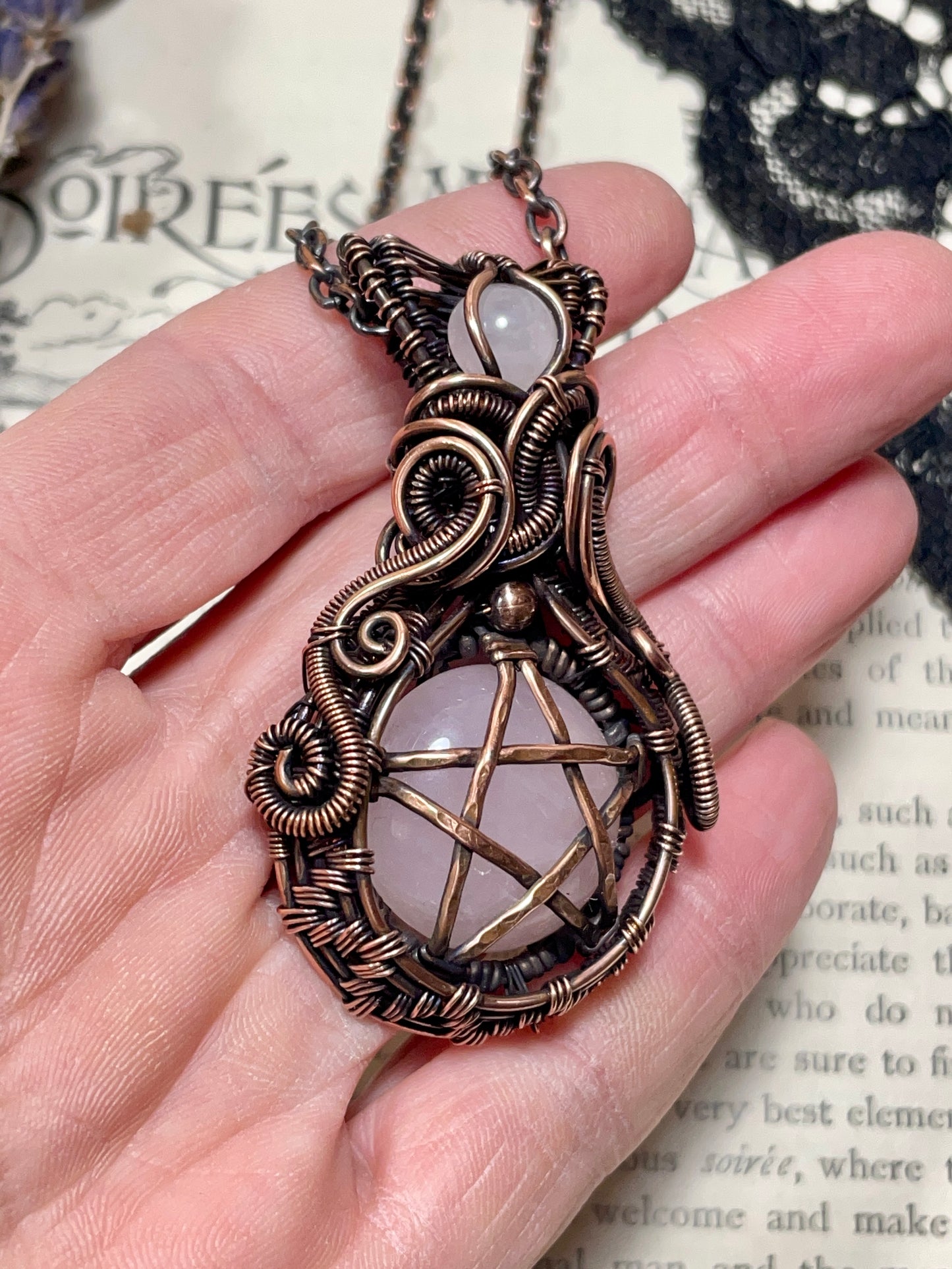 Rose Quartz Pentacle Pendant in Copper