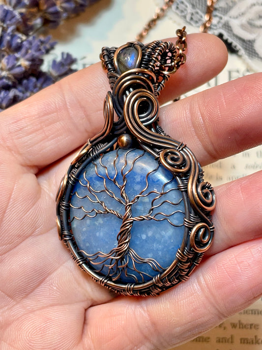 Quartz (Blue Quartz) Tree of Life Pendant in Copper