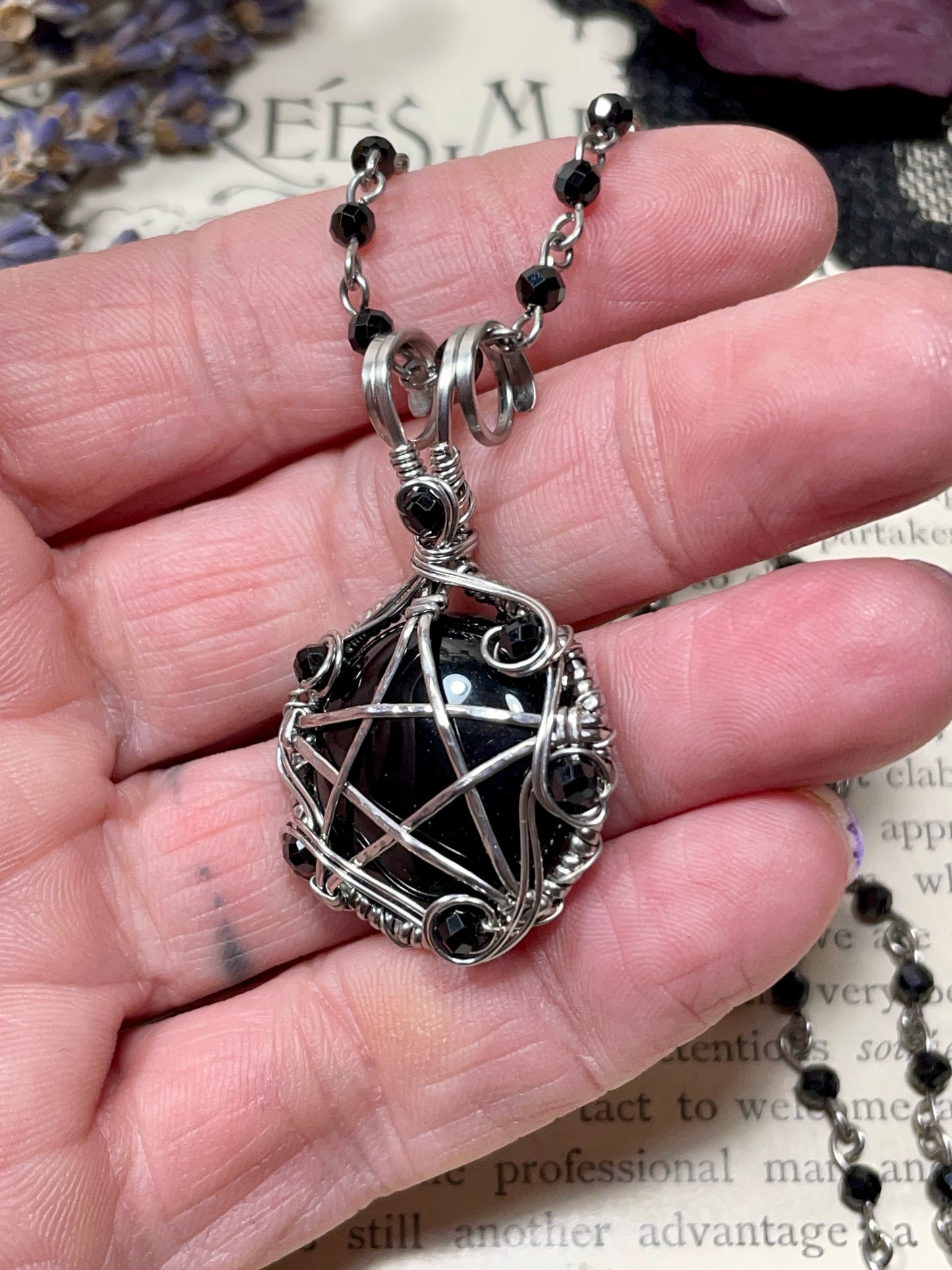 Onyx and Spinel Pentacle Pendant in Stainless Steel