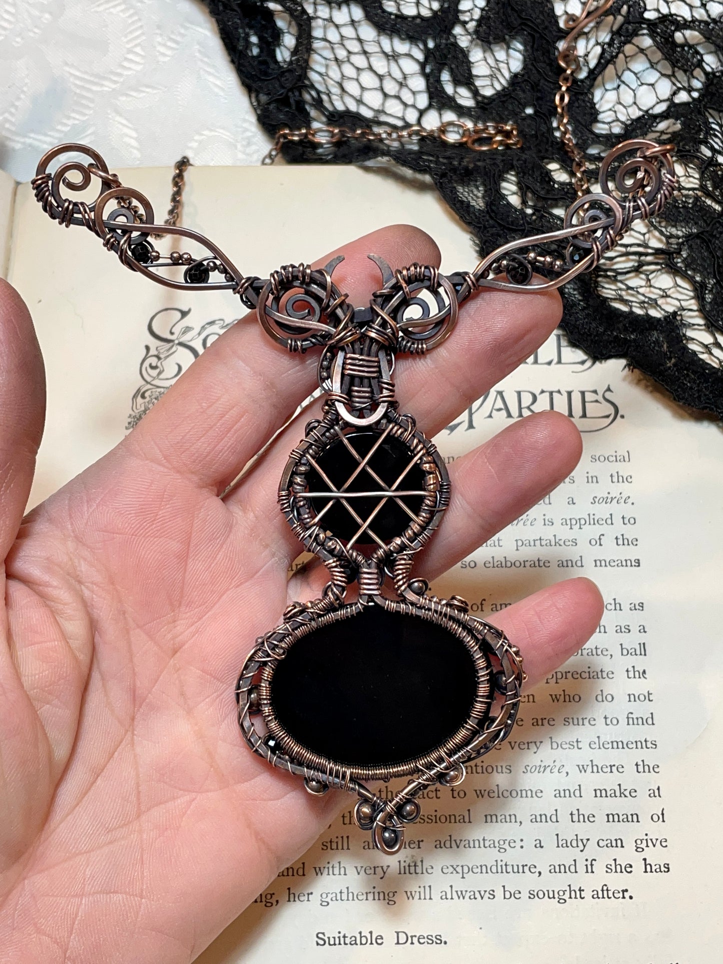Black Onyx Tree of Life, Pentacle Collar in Copper