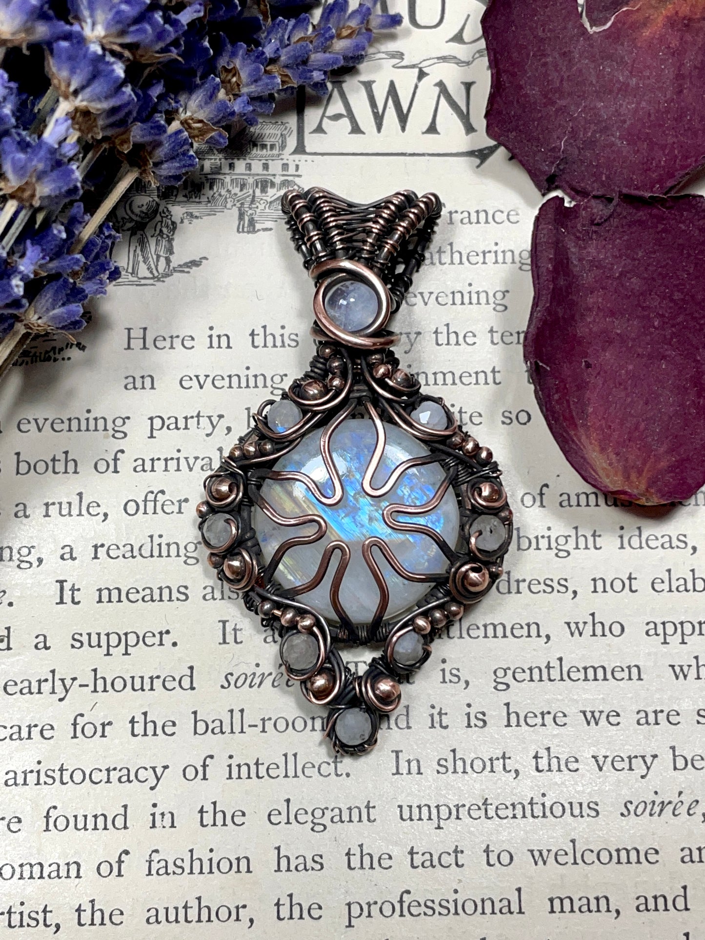 Rainbow Moonstone Flower Pendant in Copper