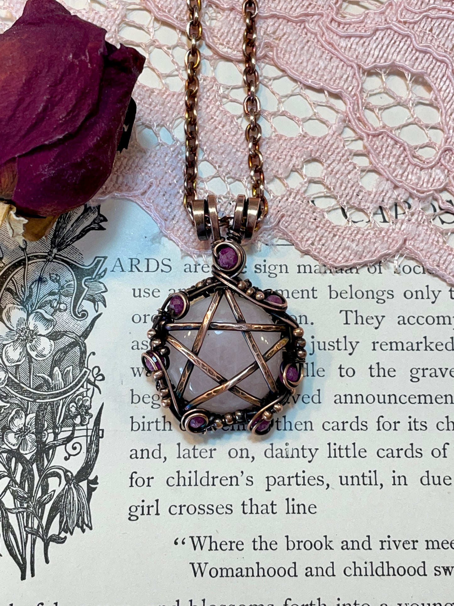 Rose Quartz and Ruby Pentacle Pendant in Copper #1