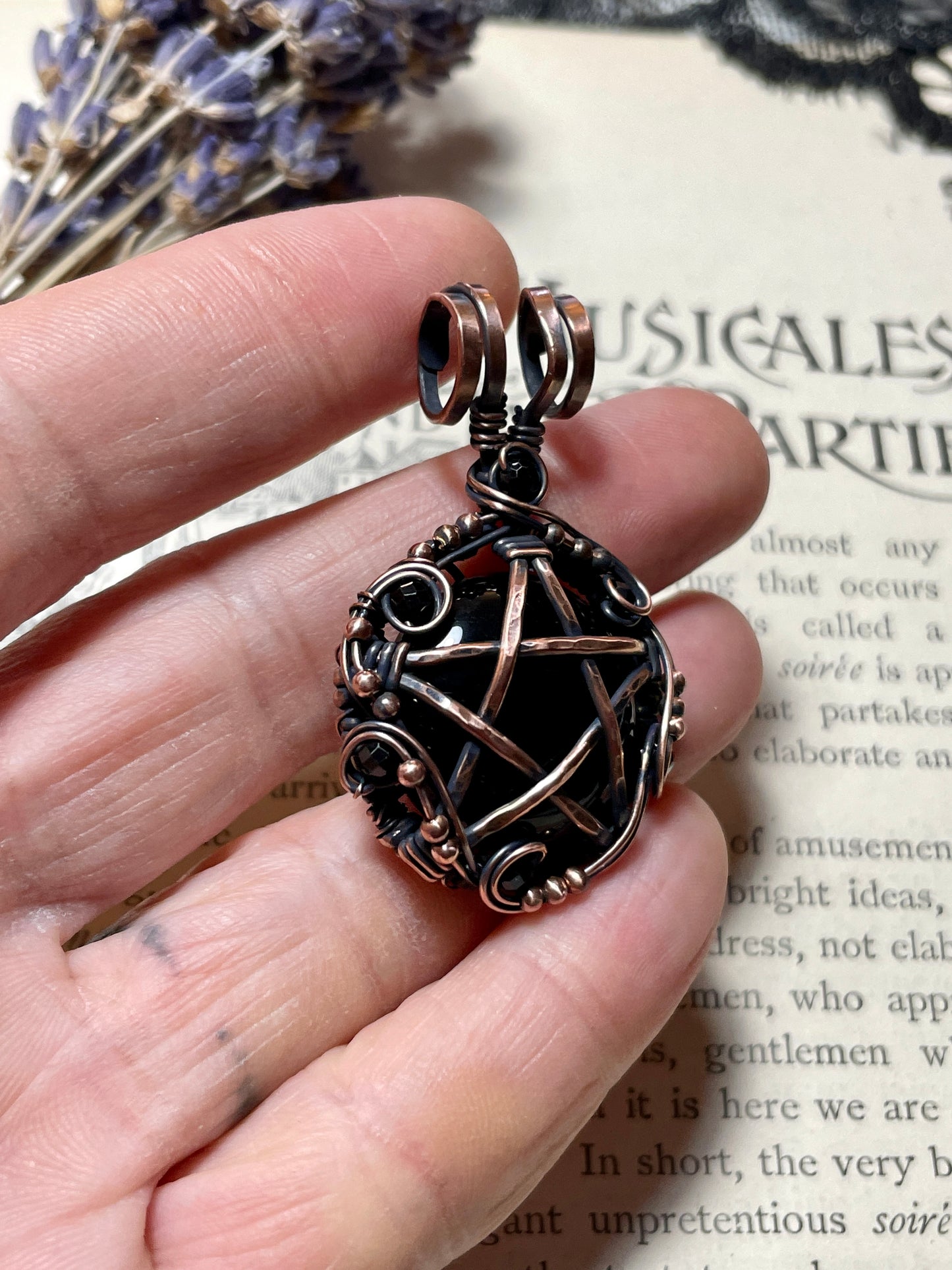 Onyx and Spinel Pentacle Pendant in Copper