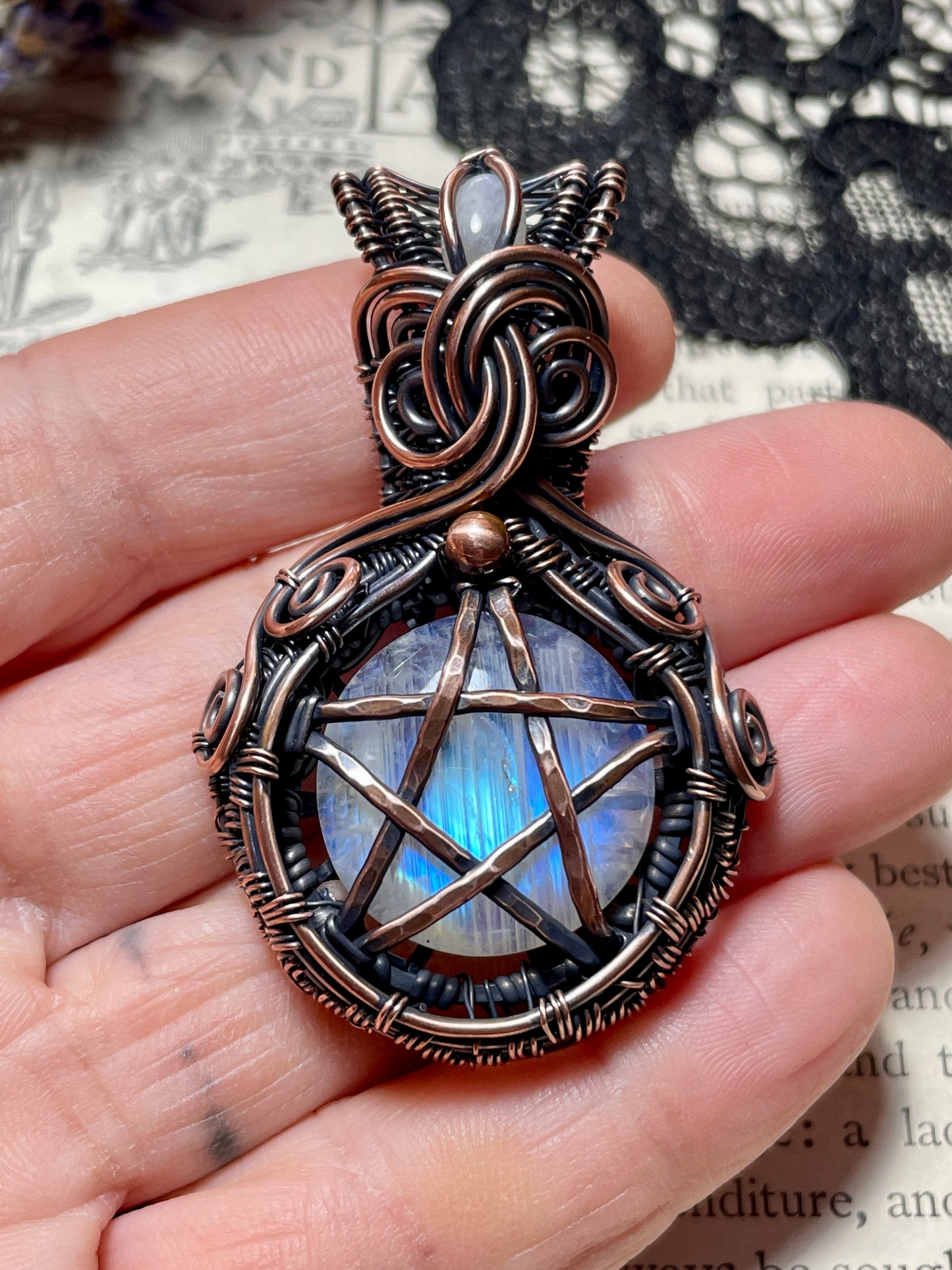 Rainbow Moonstone Pentacle Pendant in Copper