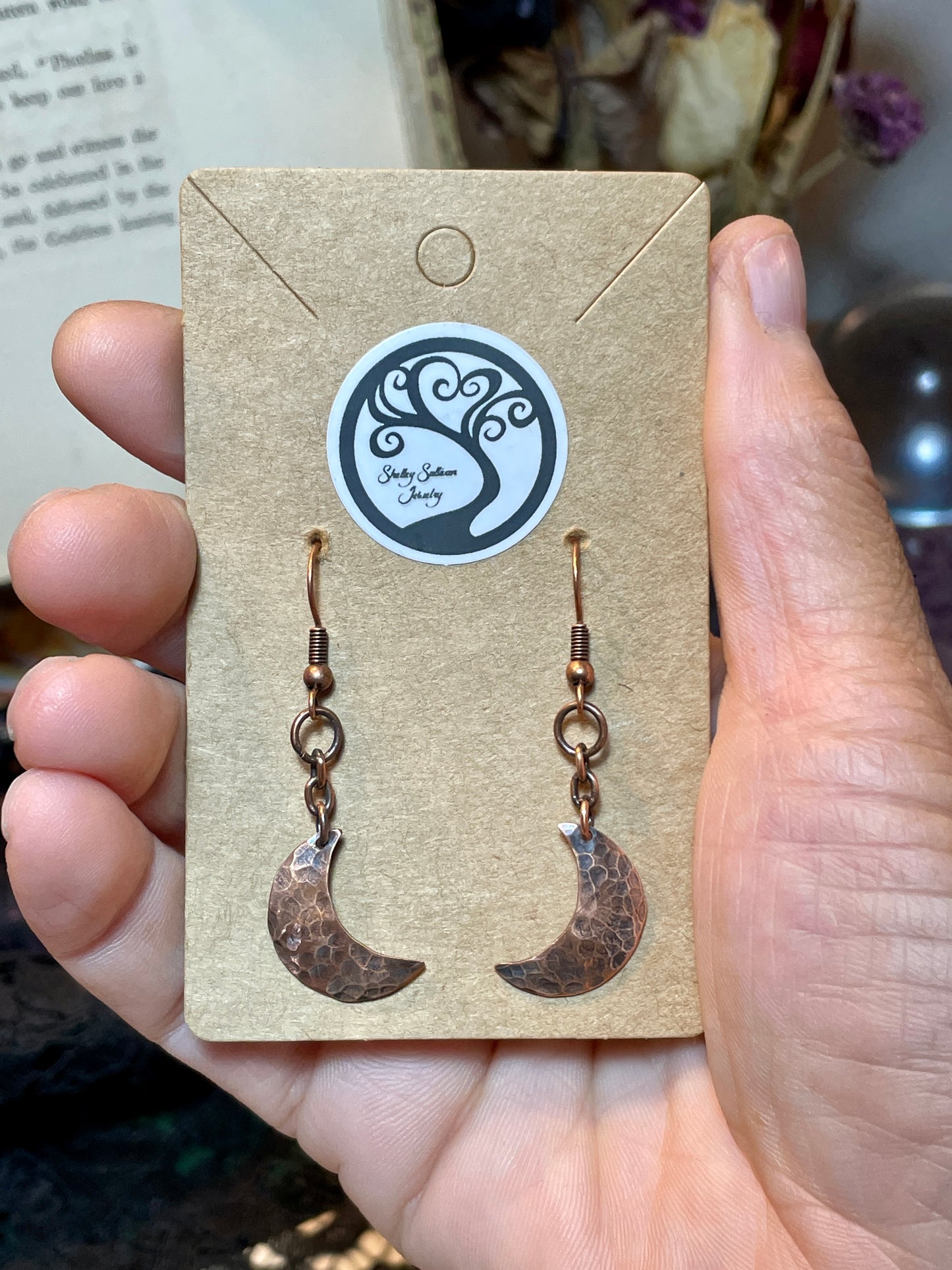 Crescent Moon Earrings in Antiqued Copper