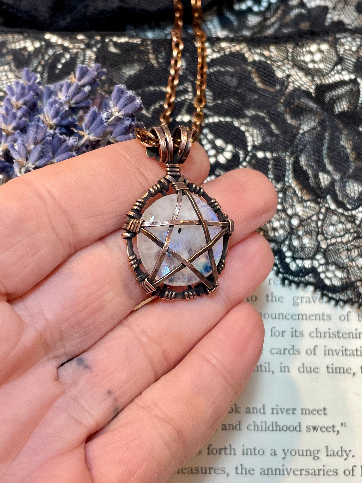 Moonstone (Rainbow Moonstone) Mini Pentacle Pendant in Antiqued Copper