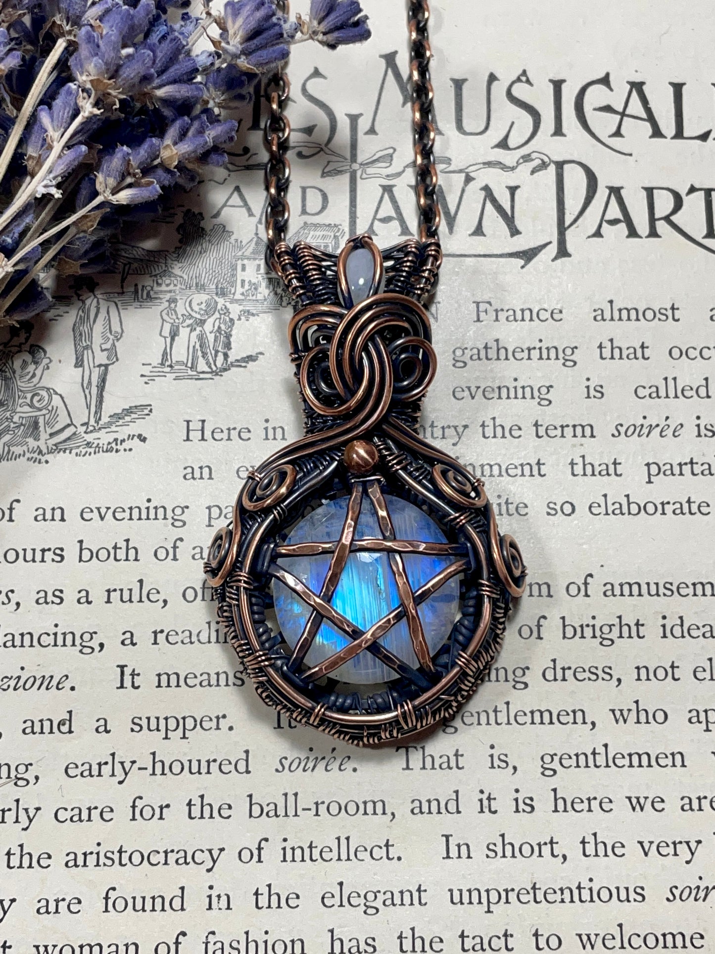 Moonstone (Rainbow Moonstone) Pentacle Pendant in Copper