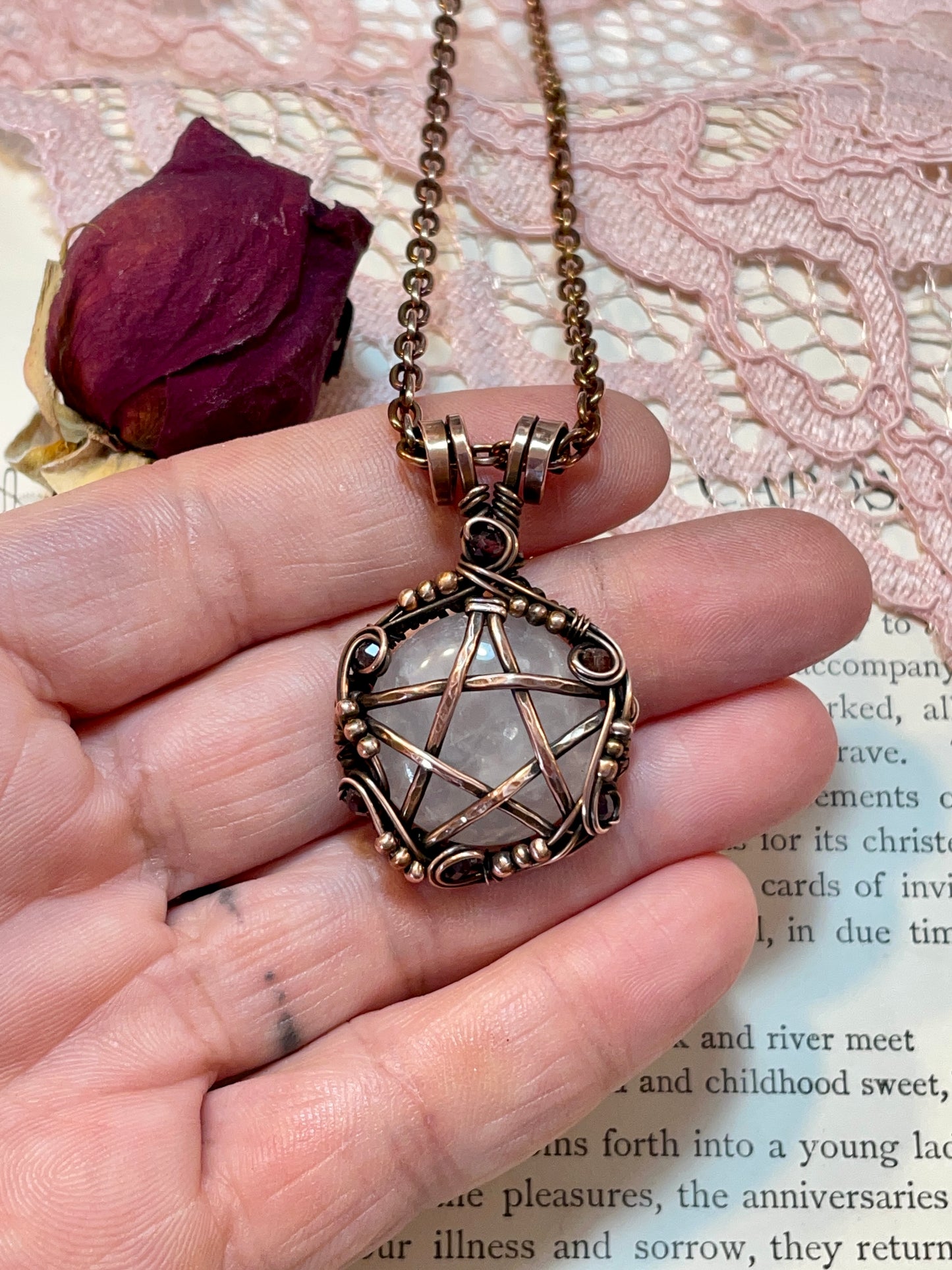 Rose Quartz and Garnet Pentacle Pendant in Copper